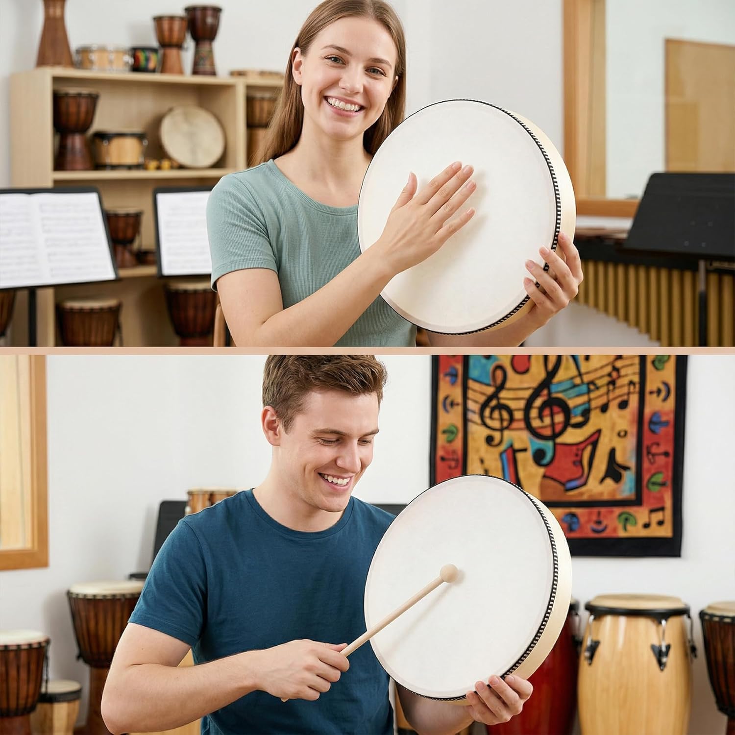 Nydotd Hand Drum Percussion Wood Frame Drum with Drum Stick Percussion Instruments Musical Performance Pro Hand Drum with Wooden Drum Beater (Wood Color, 12 Inch and 10 Inch) - Image 3