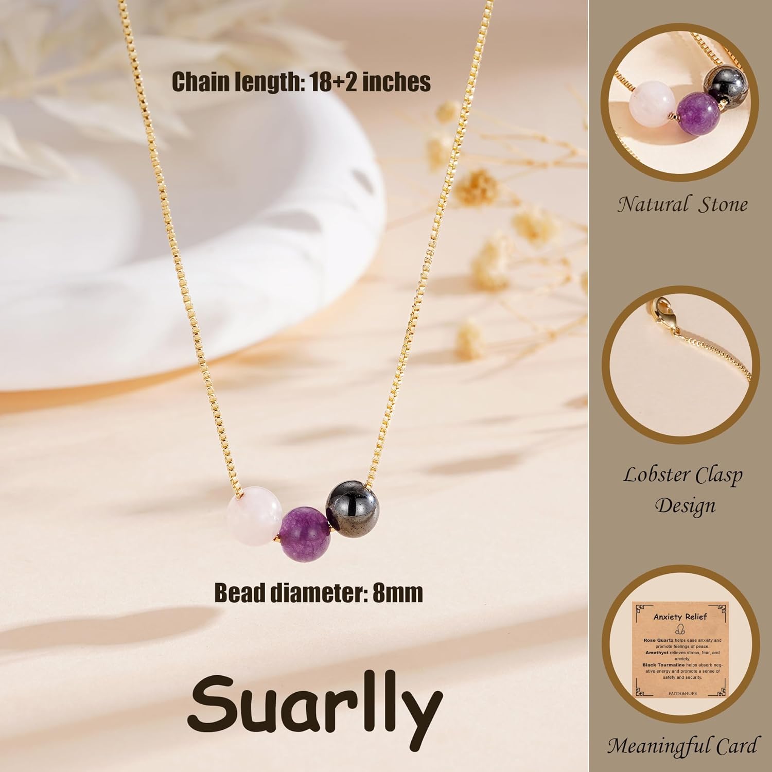 Healing Crystal Necklace for Women 14k Plated Gold Beaded Necklace Anxiety Relief Triple Protection Amethyst Gifts for Friends Sister Mom Daughter Jewelry - Image 7