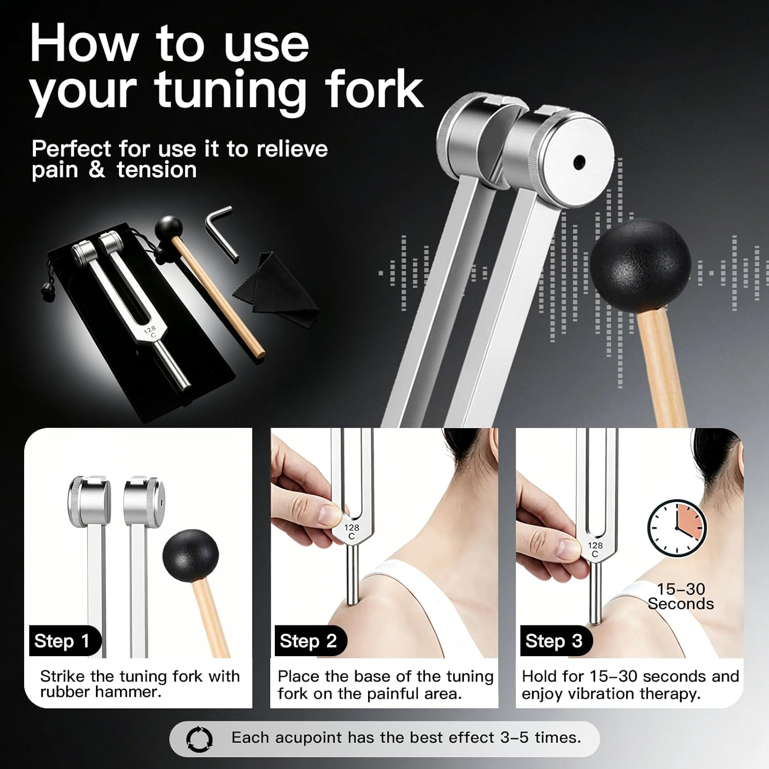 128 Hz Tuning Forks for Healing Weighted Tuning Fork for Relieve Stress and Tension Balance Chakra,Healing/Sound Therapy, Professional Tuning Fork 128 C Essential Yoga and Meditation Accessories - Image 3
