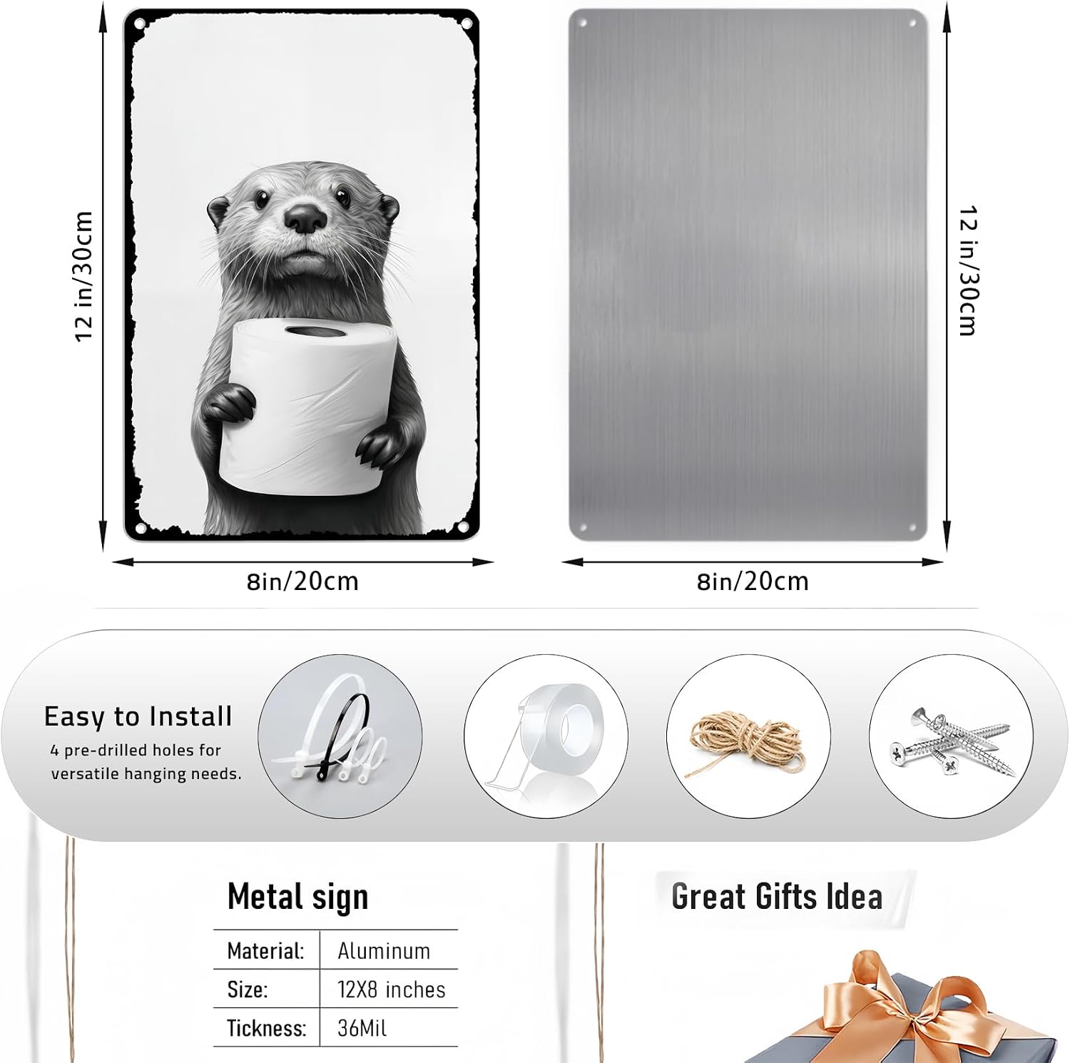 Funny Otter Holding Toilet Paper Metal Sign, 8x12 Inch Vintage Aluminum Wall Art, Black and White Animal Print Bathroom Decor, Rustic Tin Plaque for Home Restroom - Image 3