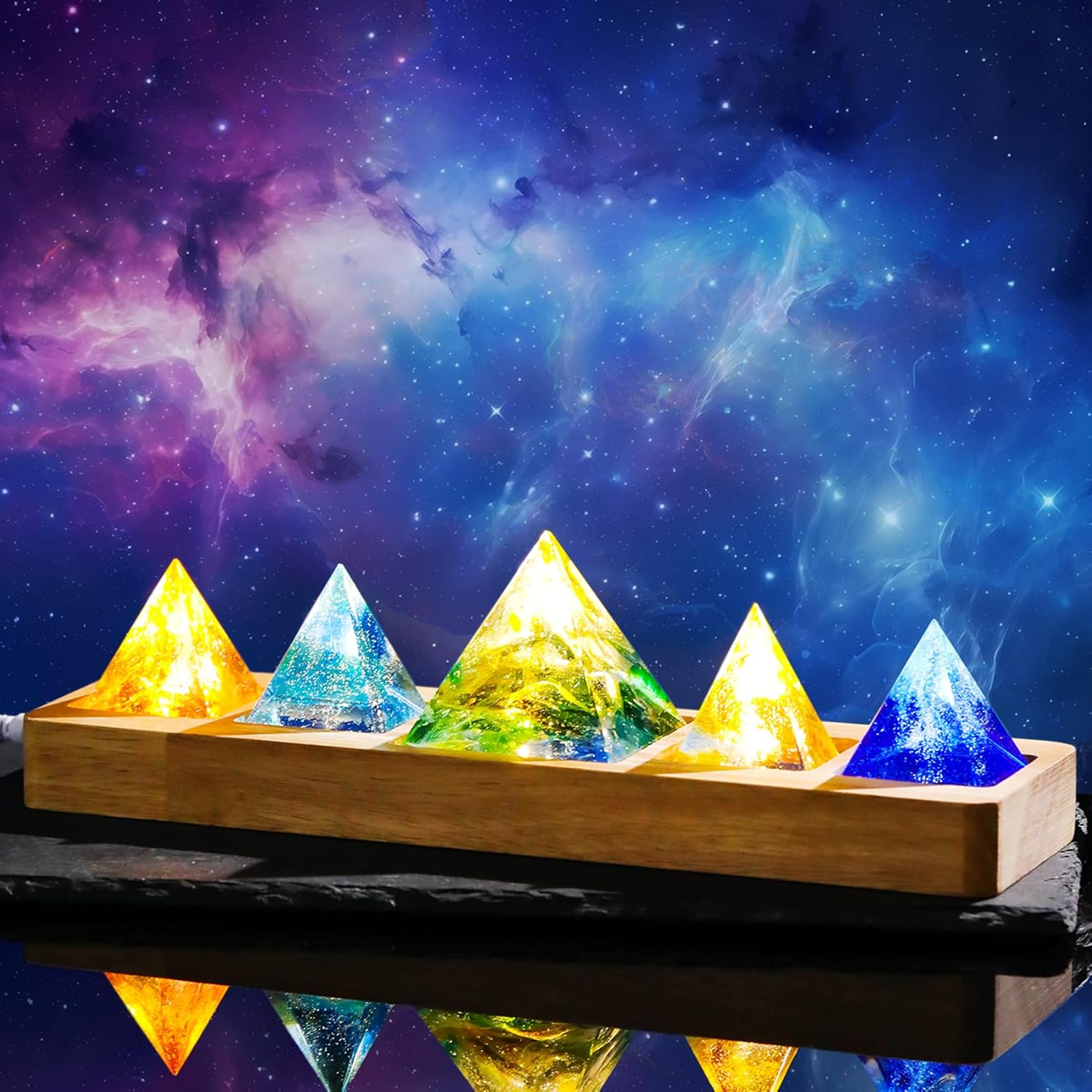 Ornalrist 5 Chakra Natural Healing Pyramid with Wooden LED Light Base Crystal Quartz Pyramid for Meditation, Positive Energy, Sleep, Spiritua Night Light Home Decor