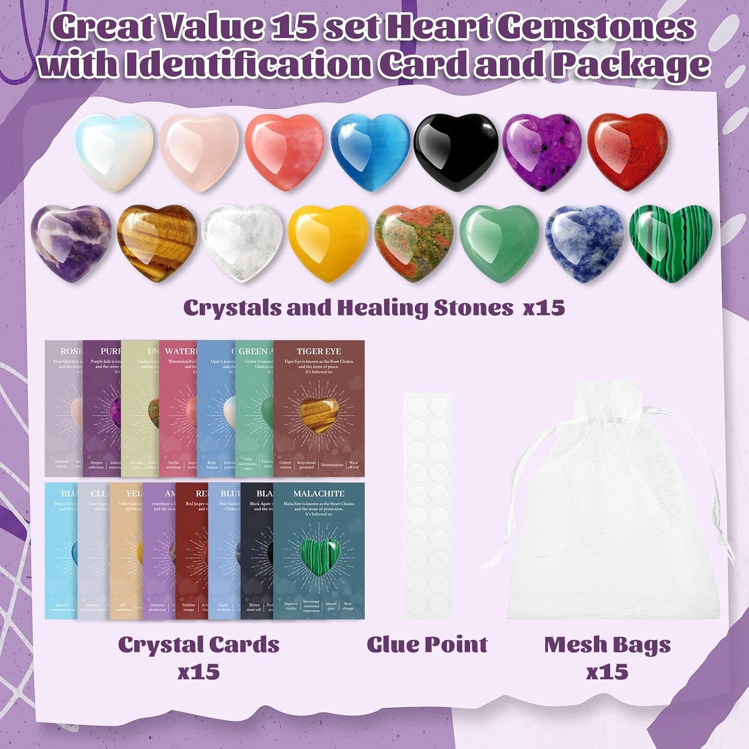 15Pcs Heart Crystals and Healing Stones Bulk, 0.8" Natural Polished Heart Shaped Rocks Gemstones with Meaning Cards for Meditation Balancing Chakra Reiki Spiritual Valentines Mother's Day Gifts - Image 5