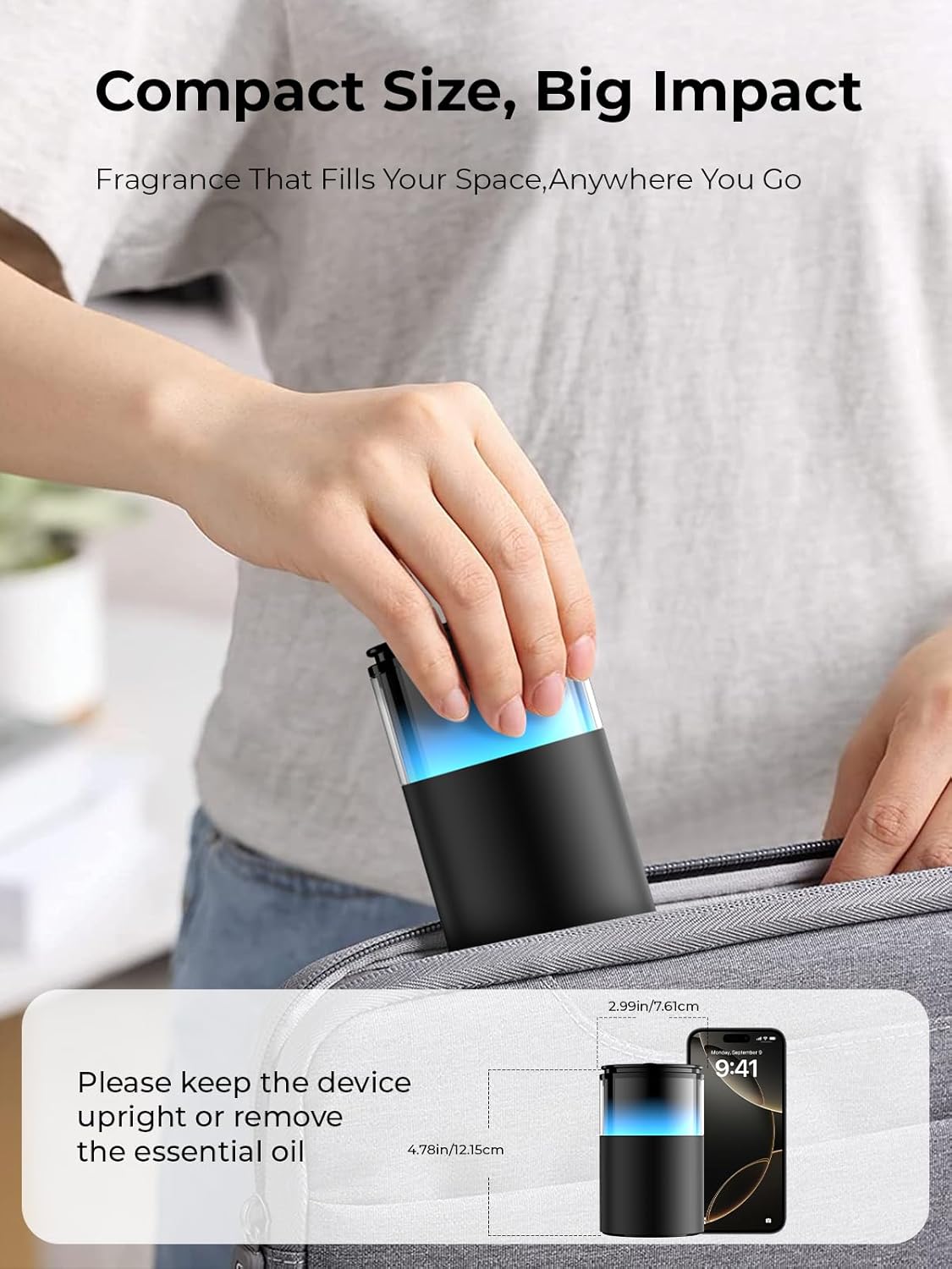 Waterless Essential Oil Diffuser: 𝟗 𝐂𝐨𝐥𝐨𝐫𝐬 𝐋𝐄𝐃 Scent Diffuser for Home&Car&Office - Portable Diffuser with 48H Battery, 4 Timers & 3 Mist Levels, Carbon Black - Image 6