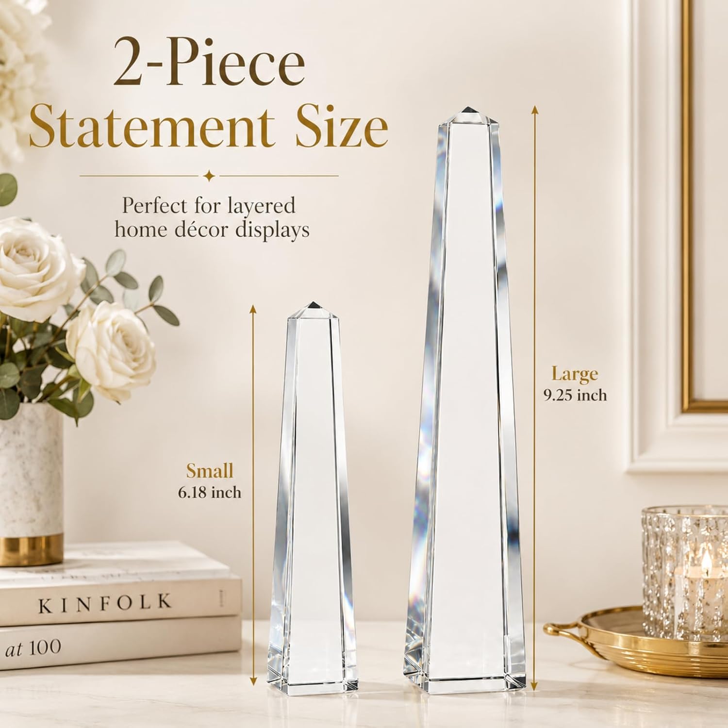 Novabright Crystal Obelisk Towers - 2 Pcs 9.25 Inch & 6.18 Inch Optical Crystal Decoration Set, Ideal for Farmhouse, Modern, and Home Decor for Mantel, Vanity, Side Table, Shelf, and Office Styling - Image 4
