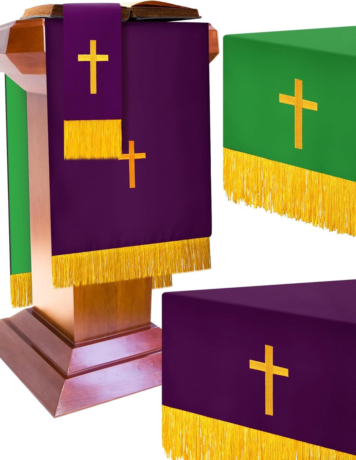 Cutecrop Set of 3 Reversible Parament Set Clergy Table Runner Bookmark Altar Cloth Pulpit Scarf with Gold Cross Church Pulpit Accessories for Christian Sanctuary Gift(Green and Purple)