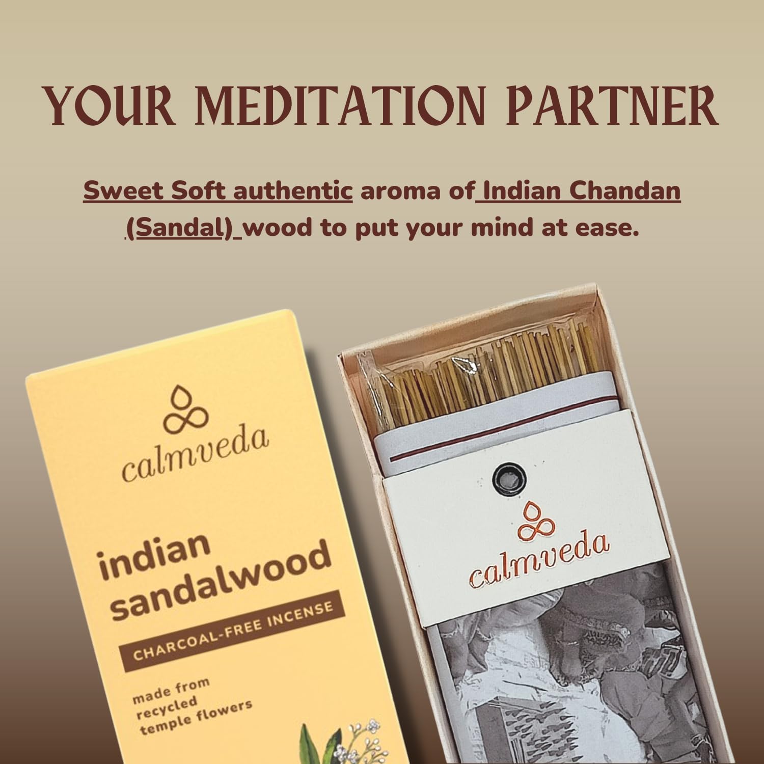 Indian Sandalwood Incense Sticks - 80 Sticks, Charcoal Free, Upcycled Flowers, All Natural, Non Toxic, Meditation & Stress Relief - Image 3