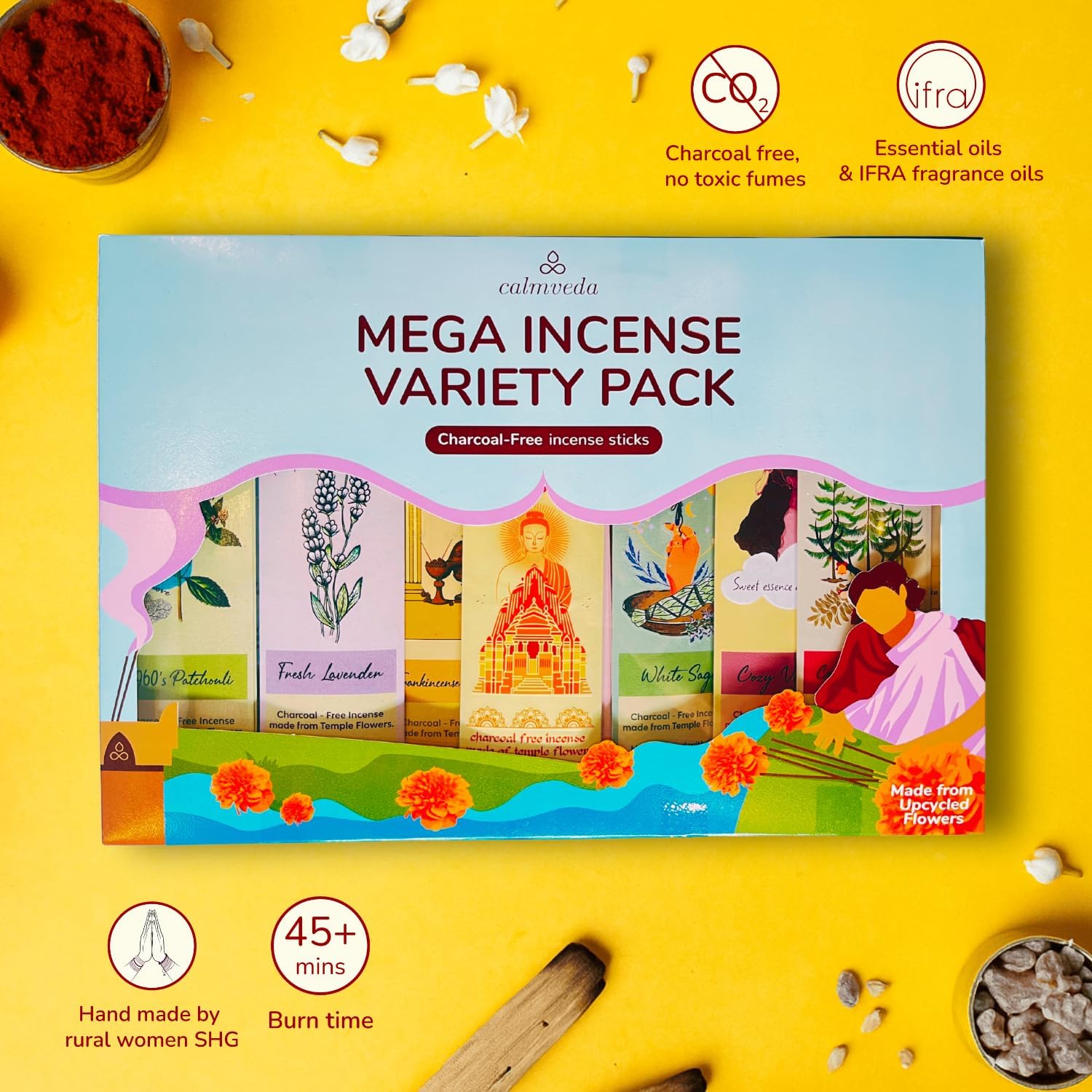 CALMVEDA Natural Incense Sticks Mega - Variety Pack (144 Insence-Sticks Bulk, 12 Aromas) Clean No Charcoal, Made from Upcycled Flowers | Organic Incense Stick Non Toxic (Slow Burn, Longlast) - Image 2