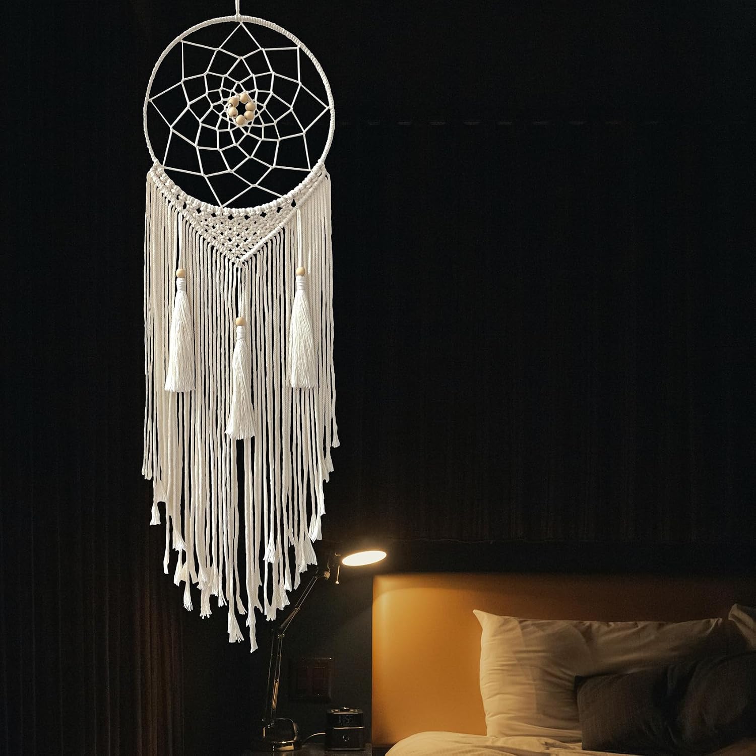 Dream Catcher Macrame Wall Hanging, Boho Decorations for Bedroom Living Room Wedding Party Home Decor, 14" Inner Dia, with 5.9ft Cotton Rope (Medium, Solid) - Image 3