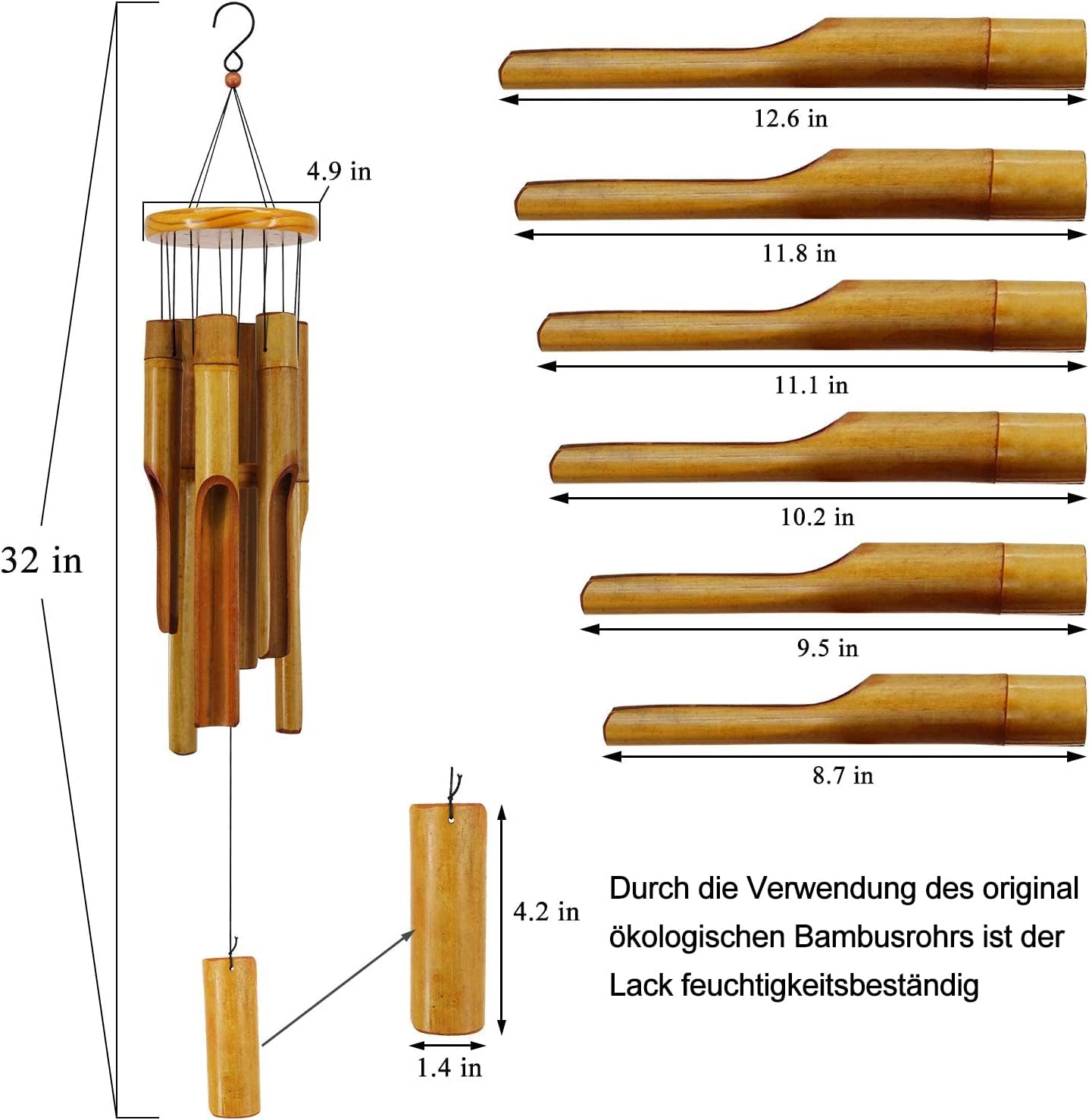 Bamboo Wind Chimes Outdoor,Wooden Wind Chimes with Melody Deep Tone,30" Classic Zen Garden Windchime for Relaxation, Grace.Home Décor for Patio, Garden or Indoor(FSC Certified) - Image 3