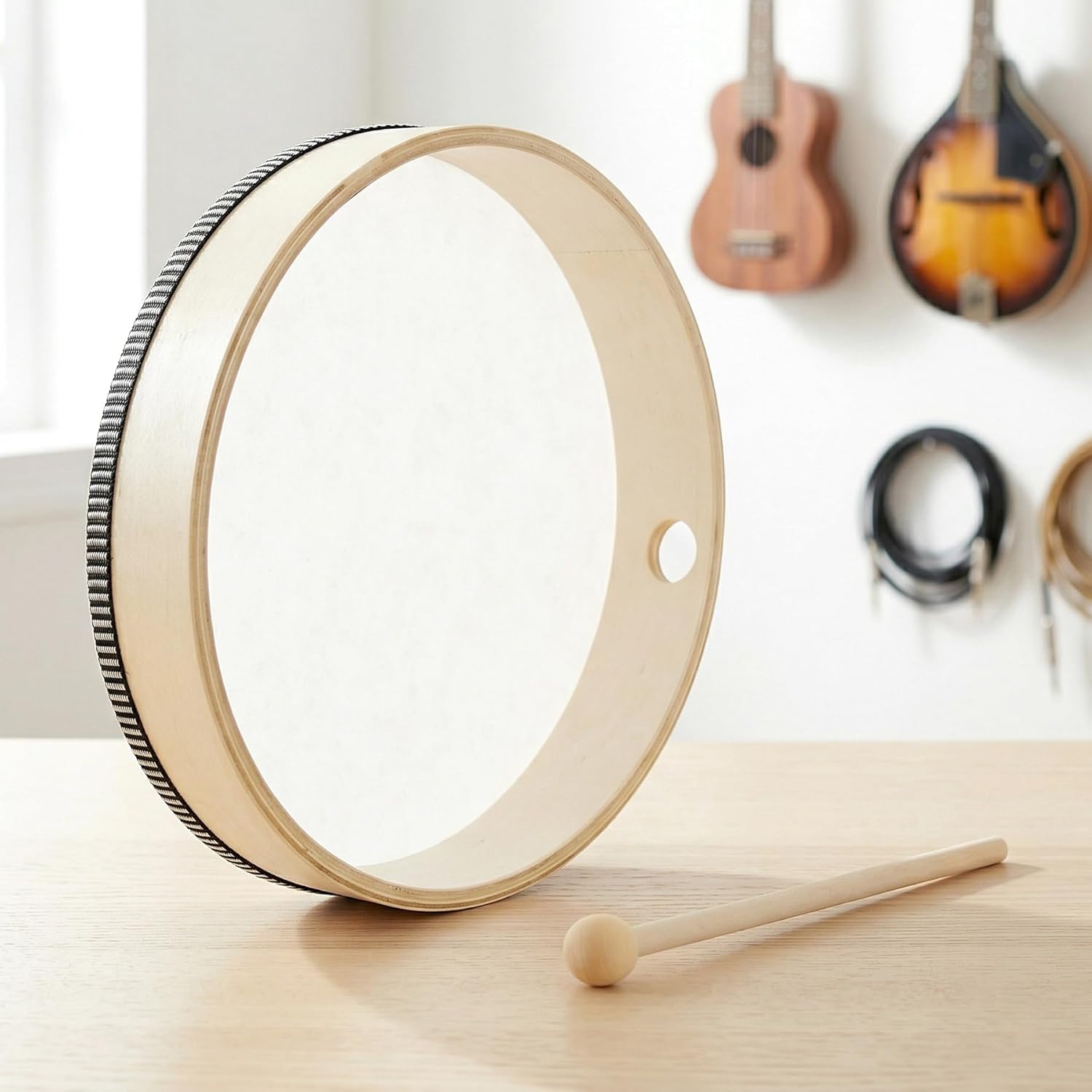 Nydotd Hand Drum Percussion Wood Frame Drum with Drum Stick Percussion Instruments Musical Performance Pro Hand Drum with Wooden Drum Beater (Wood Color, 12 Inch and 10 Inch) - Image 4