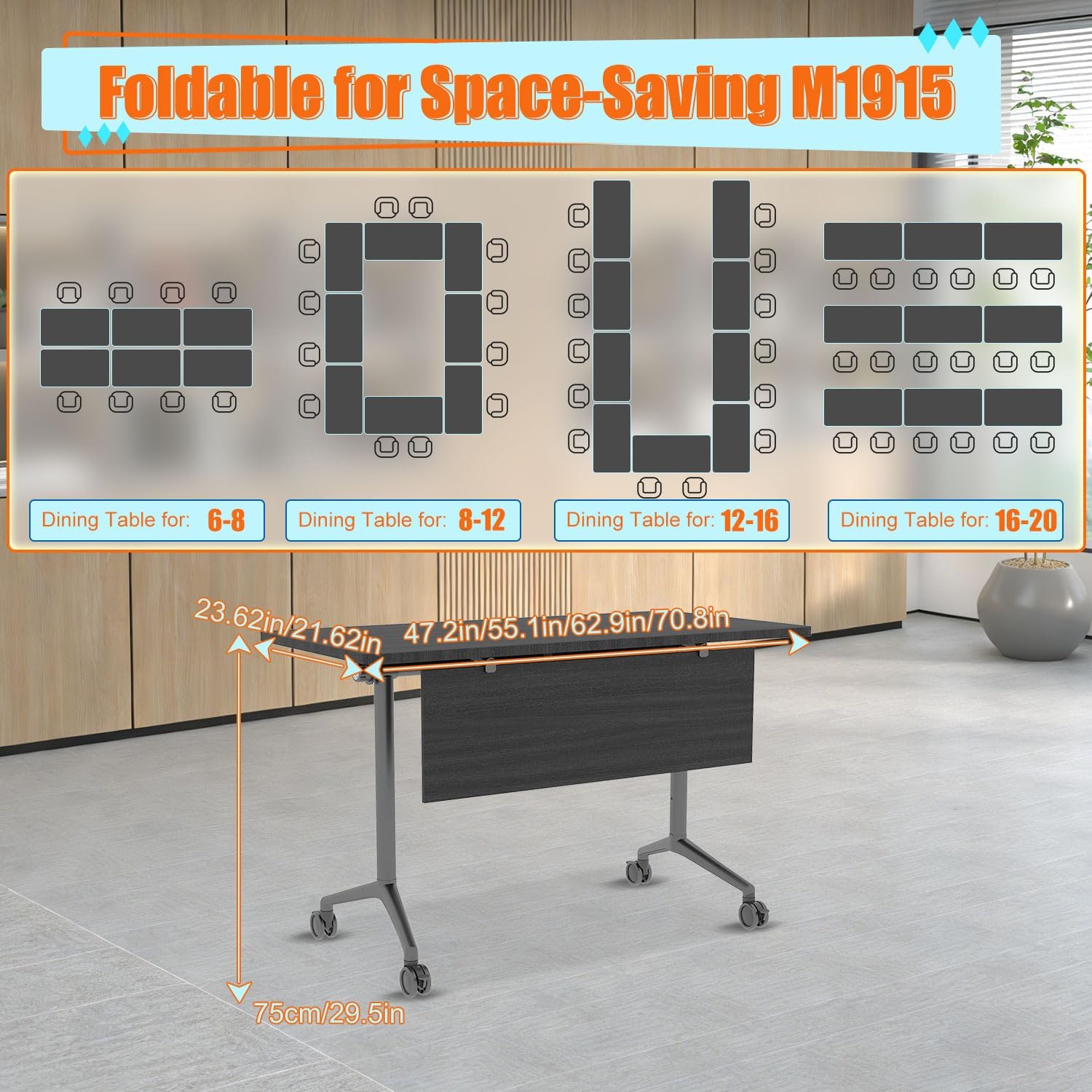 Folding Conference Room Table with Large Wheels,Space-Saving Stackable Folding Meeting Table Modular Flip-Top Conference Tables for Training Rooms, Classrooms & Seminars (6, Elm-Black, 47.2 Inch) - Image 2