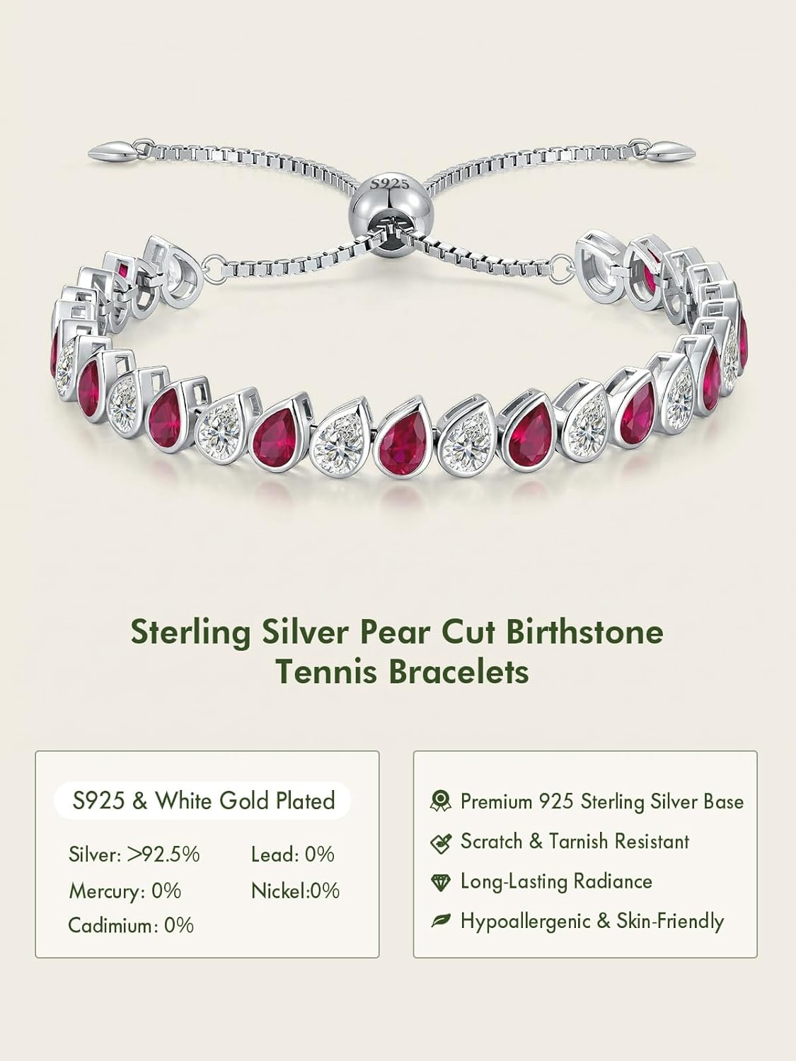 Birthstone Teardrop Tennis Bracelet for Women,925 Sterling Silver Bracelet Pear Shaped 13.5 Carats Gemstone and Cubic Zirconia Inlaid White Gold Plated Adjustable Chain,Anniversary Birthday Gifts for Mom Wife Her - Image 5