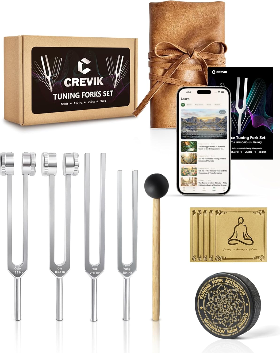 Tuning Forks for Healing Set - 128Hz, 136.1Hz, 256Hz, 384Hz Weighted & Unweighted Tuning Fork Kit for Starters & Beginners - Sound Therapy Instruments for Meditation & Yoga in Pouch