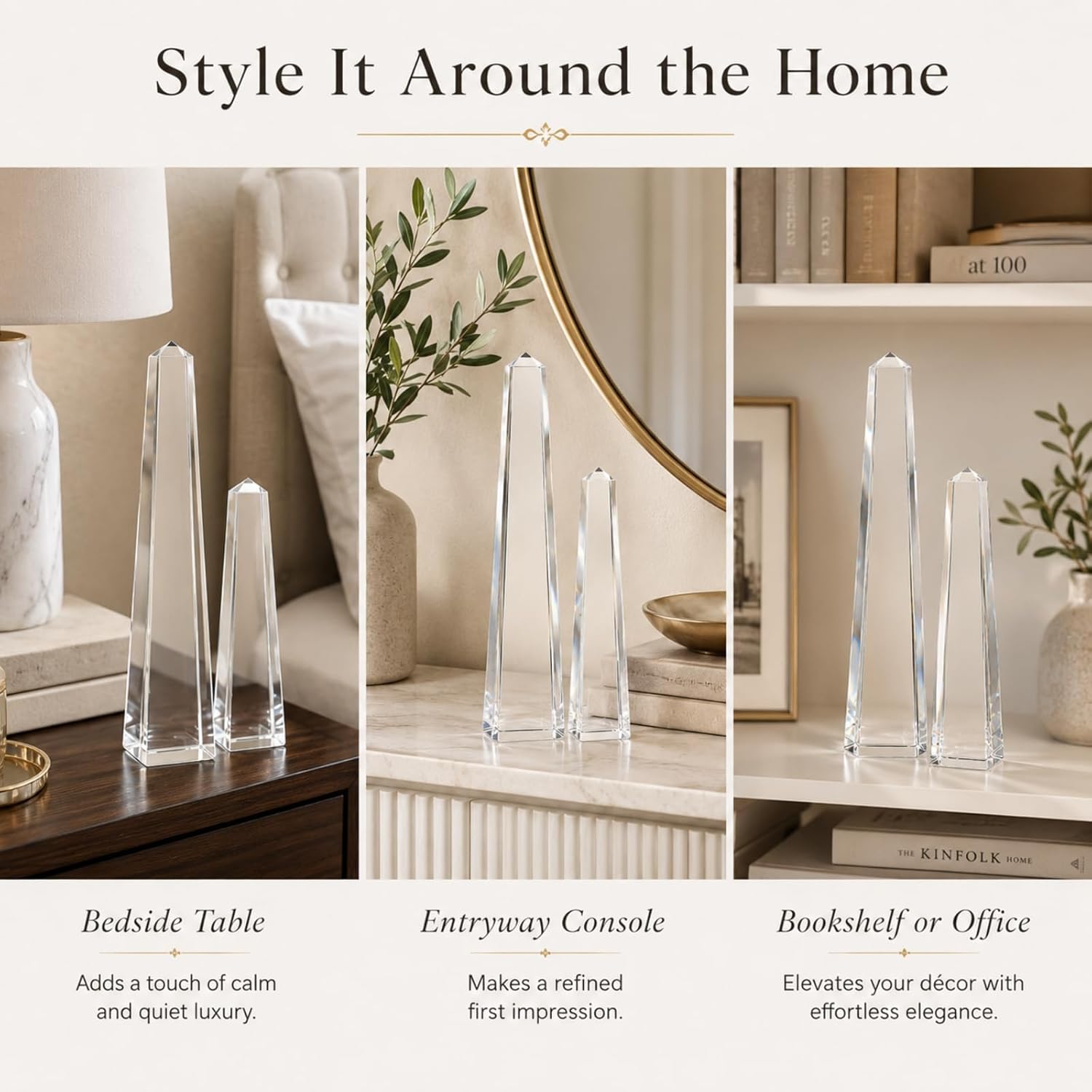 Novabright Crystal Obelisk Towers - 2 Pcs 9.25 Inch & 6.18 Inch Optical Crystal Decoration Set, Ideal for Farmhouse, Modern, and Home Decor for Mantel, Vanity, Side Table, Shelf, and Office Styling - Image 5
