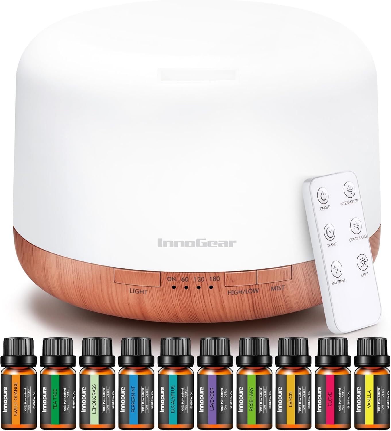 InnoGear Aromatherapy Diffuser & 10 Essential Oils Set, 500ml Essential Oil Diffuser with Remote Control Mother's Gift Ultrasonic Cool Mist Scent Humidifier Vaporizer Auto-Off Timer for Home, Yellow - Image 8