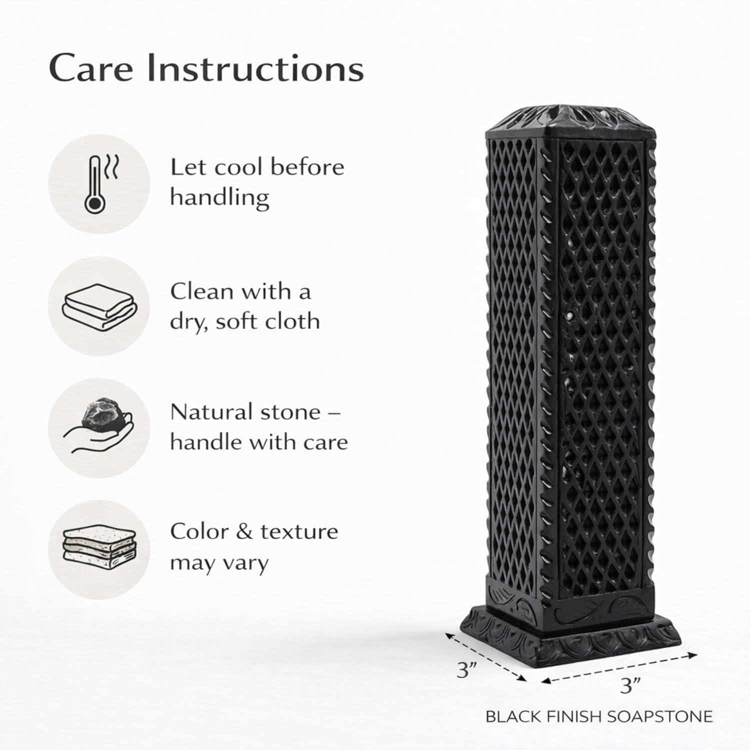 Handmade Marble Black Soapstone Incense Burner, 3x3x11 in | Candle Stick Holder, Tea Light Burner, Jaali Carving, Decorative Home & Kitchen Decor - Image 8