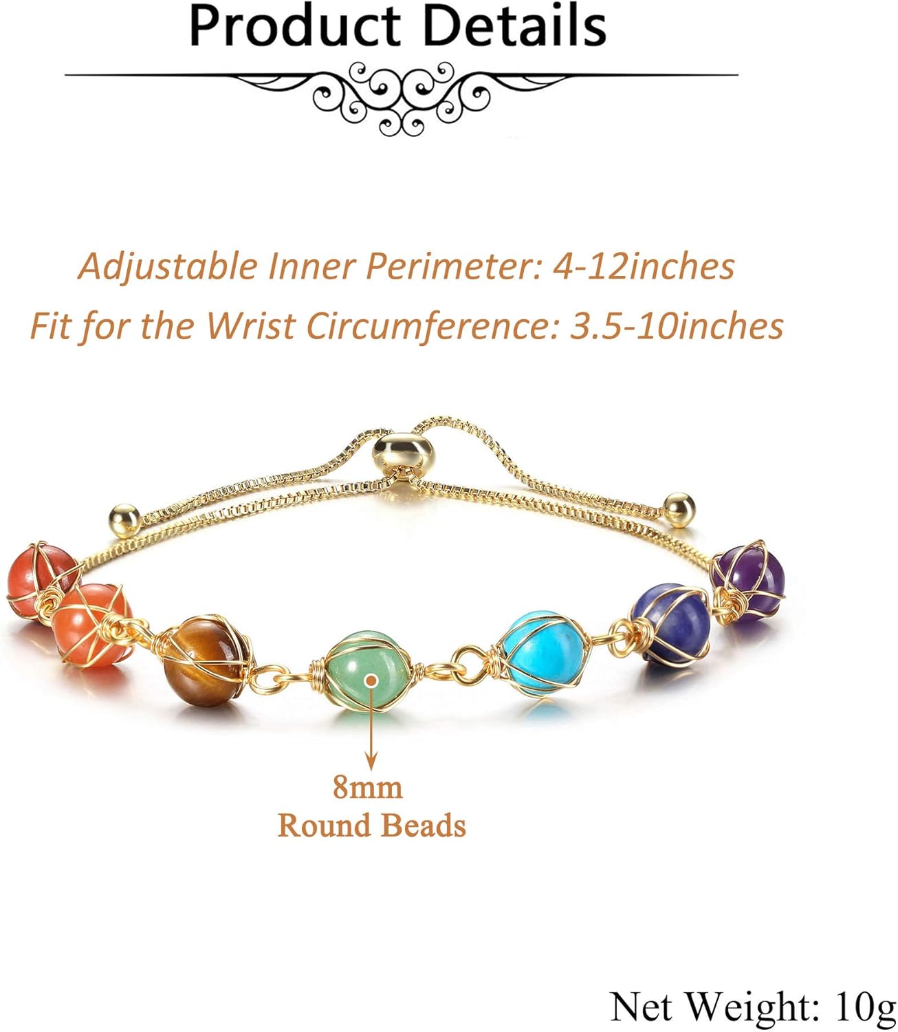 Jovivi 7 Chakra Stones Bracelets for Women Adjustable 14K Gold Wire Wrapped 8mm Natural Round Gemstone Beads Reiki Healing Crystal Ankle Bracelet Yoga Energy Jewelry - Image 6
