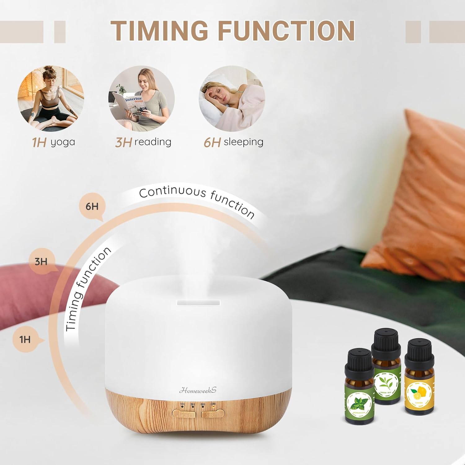 Homeweeks 300ml Essential Oil Diffuser, Quiet Aromatherapy Mist Diffusers for Essential Oils, Wood Grain, Ultrasonic, Remote Control, Timer, 7 Colors Light for Bedroom (300ml) - Image 6