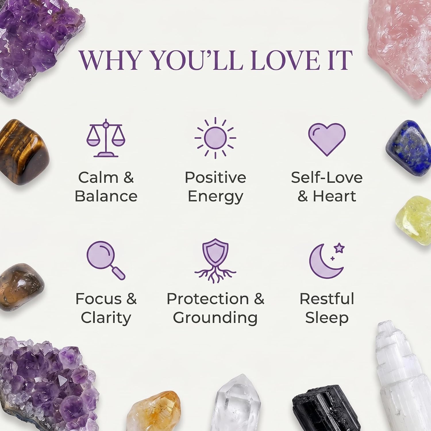AtPerry's Healing Crystals Set - 8 Real Chakra Crystals & Stones for Stress & Anxiety Relief, Gift Box + Crystal Meaning Card, Selenite Amethyst Rose Quartz Black Tourmaline - Gift for Women - Image 6