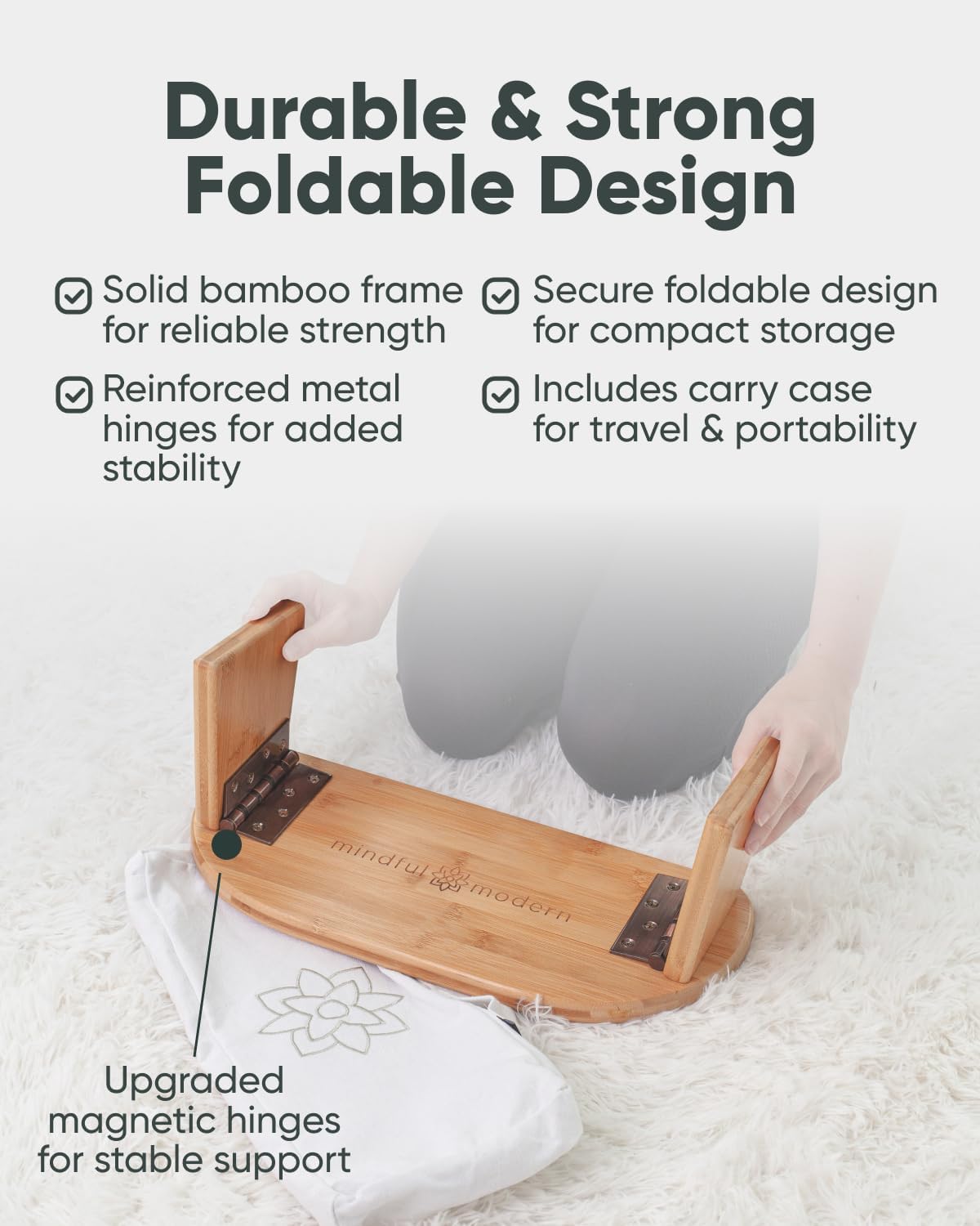 Mindful Modern Folding Meditation Bench - Bamboo Kneeling Stool with Locking Magnetic Hinges - Portable Cross Legged Folding Seiza Chair w/Travel Bag - Image 4