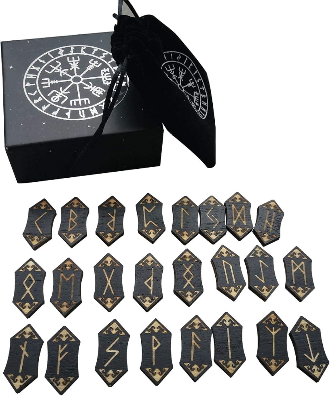 EMVANV Handmade Wooden Rune Divination Game Set, Props Supermarket Board Game Family Nordic Handmade Woodcut Rune Stones Card Set with Dedicated Rune Storage Bag