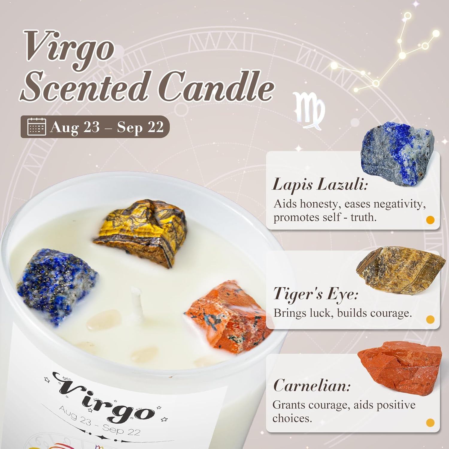 Virgo Gifts for Women, Zodiac Virgo Candle with Healing Crystals,Astrology Birthday Gifts for Women, Mom, Sister, Friends, Meditation, Yoga, Relaxation (7oz) - Image 3