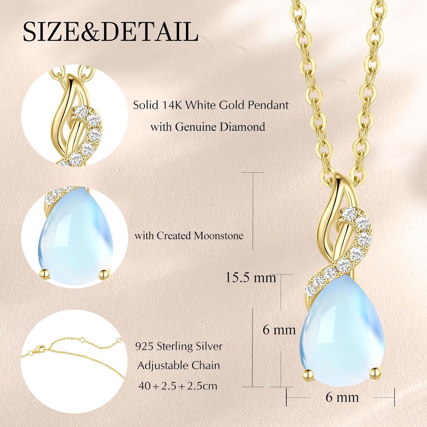 FANCIME 14K Solid Yellow Gold Teardrop Pendant with Diamond Birthstone Necklace Birthday Gifts for Mom Women, Sterling Silver Chain 16" + 2" Extender - Image 2