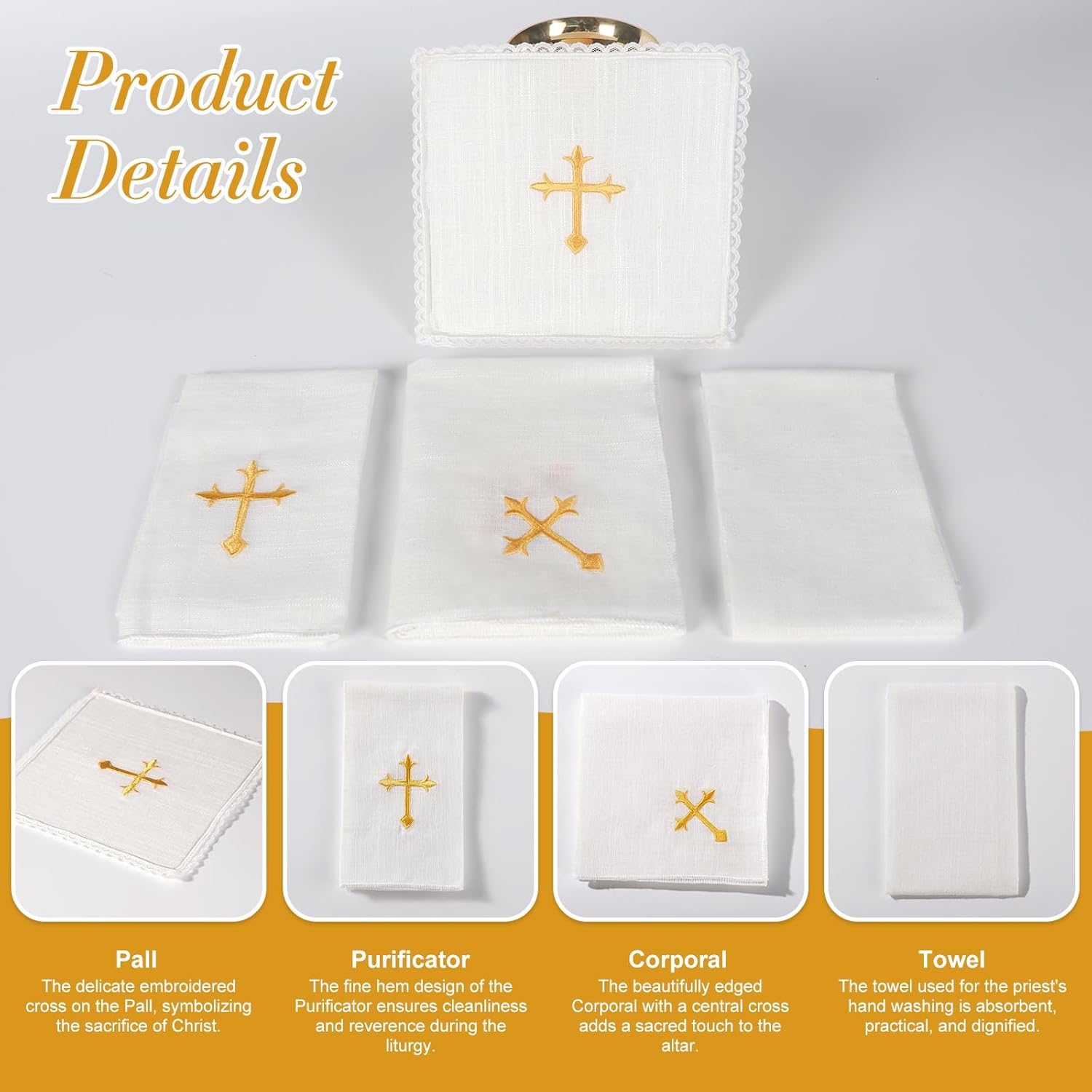 TALPGOD 4 Pcs Altar Supplies Linen Corporal for Churches Set(Pall,Corporal,Purificator,Towel),White Linen Altar Cloth Gold Cross Embroidery,Mass Kit Catholic for Priest - Image 4