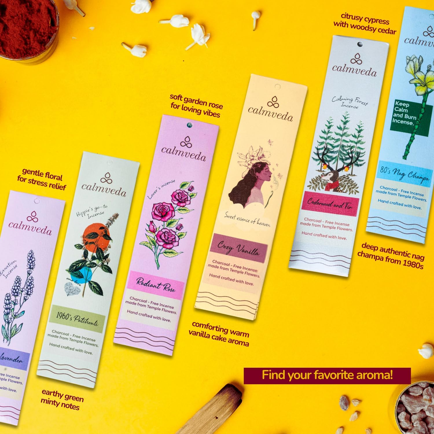 CALMVEDA Natural Incense Sticks Mega - Variety Pack (144 Insence-Sticks Bulk, 12 Aromas) Clean No Charcoal, Made from Upcycled Flowers | Organic Incense Stick Non Toxic (Slow Burn, Longlast) - Image 3
