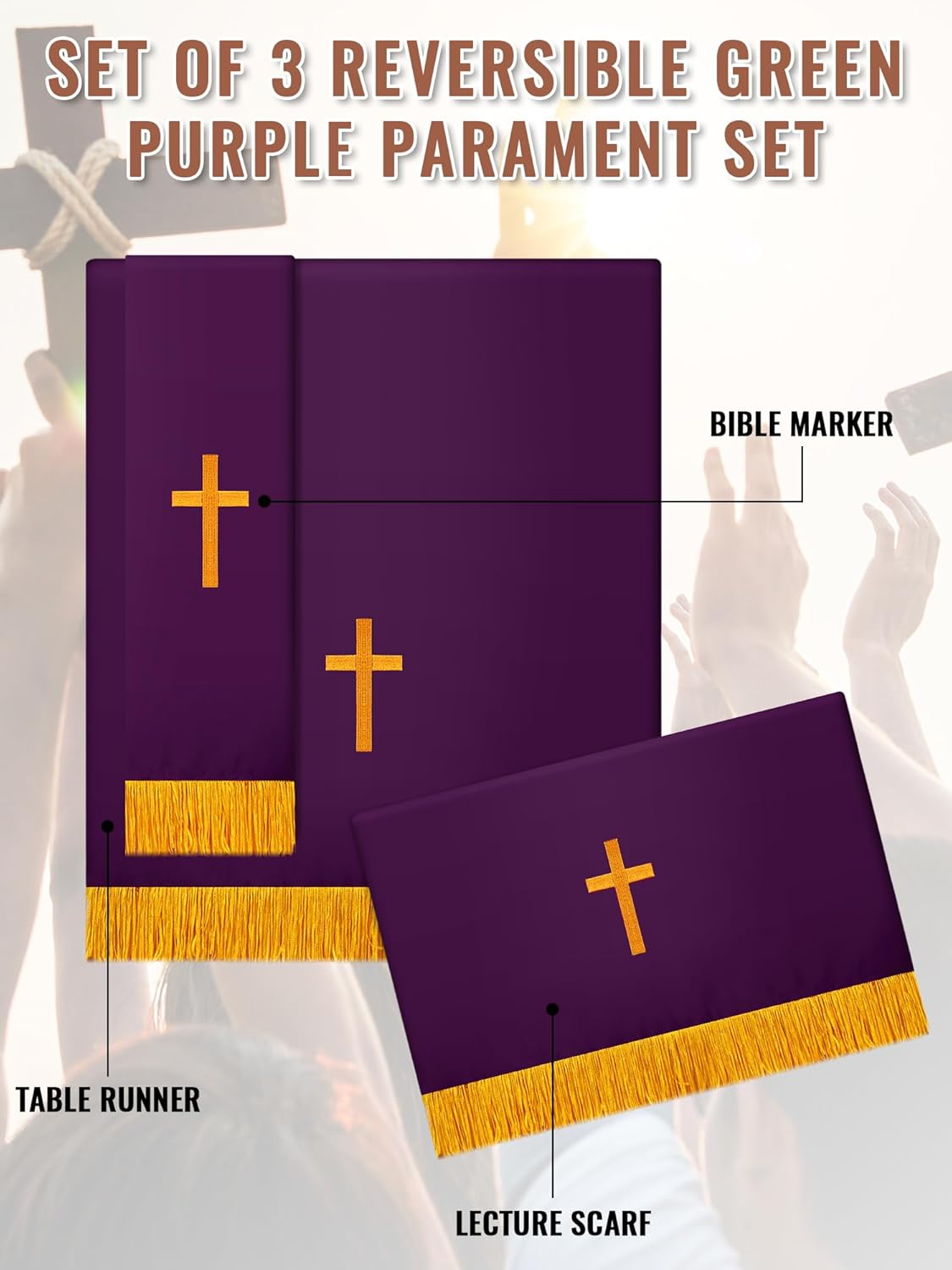 Cutecrop Set of 3 Reversible Parament Set Clergy Table Runner Bookmark Altar Cloth Pulpit Scarf with Gold Cross Church Pulpit Accessories for Christian Sanctuary Gift(Green and Purple) - Image 2