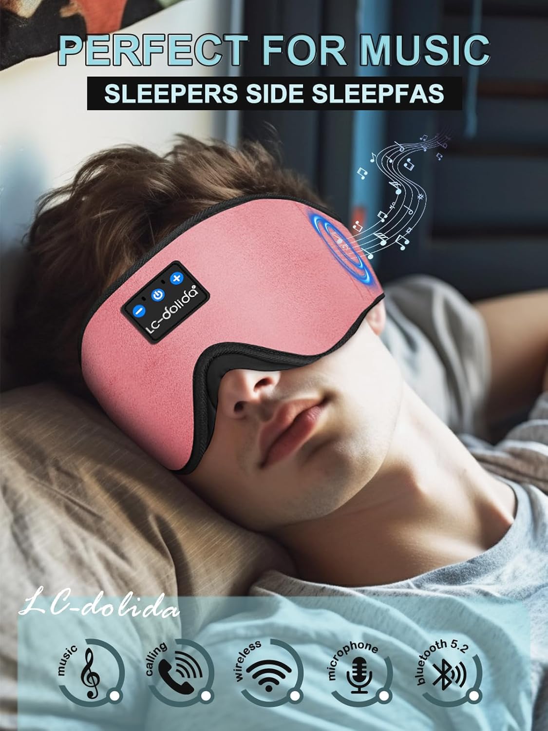 LC-dolida Sleep Headphones, Sleep Mask Bluetooth Wireless Music Eye Mask, Sleeping Headphones for Side Sleepers Sleep Mask with Bluetooth Headphones Ultra-Thin Stereo Speakers Perfect for Sleeping - Image 7