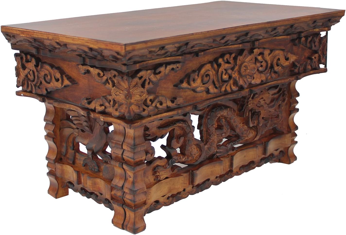 DharmaObjects Solid Indian Elm Wood Hand Carved Floor Shrine Altar Meditation Table (Large, Dark)