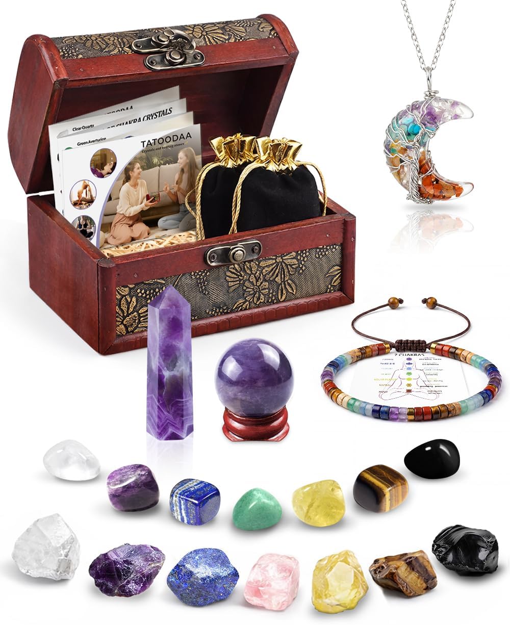 Chakra Healing Crystals Set - Crystals and Healing Stones, Chakra Bracelets, Amethyst Crystal Wand and Ball, 7 Chakra Stones Set, Energy Balance and Protection, Relief Anxiety Stress Gifts for Women