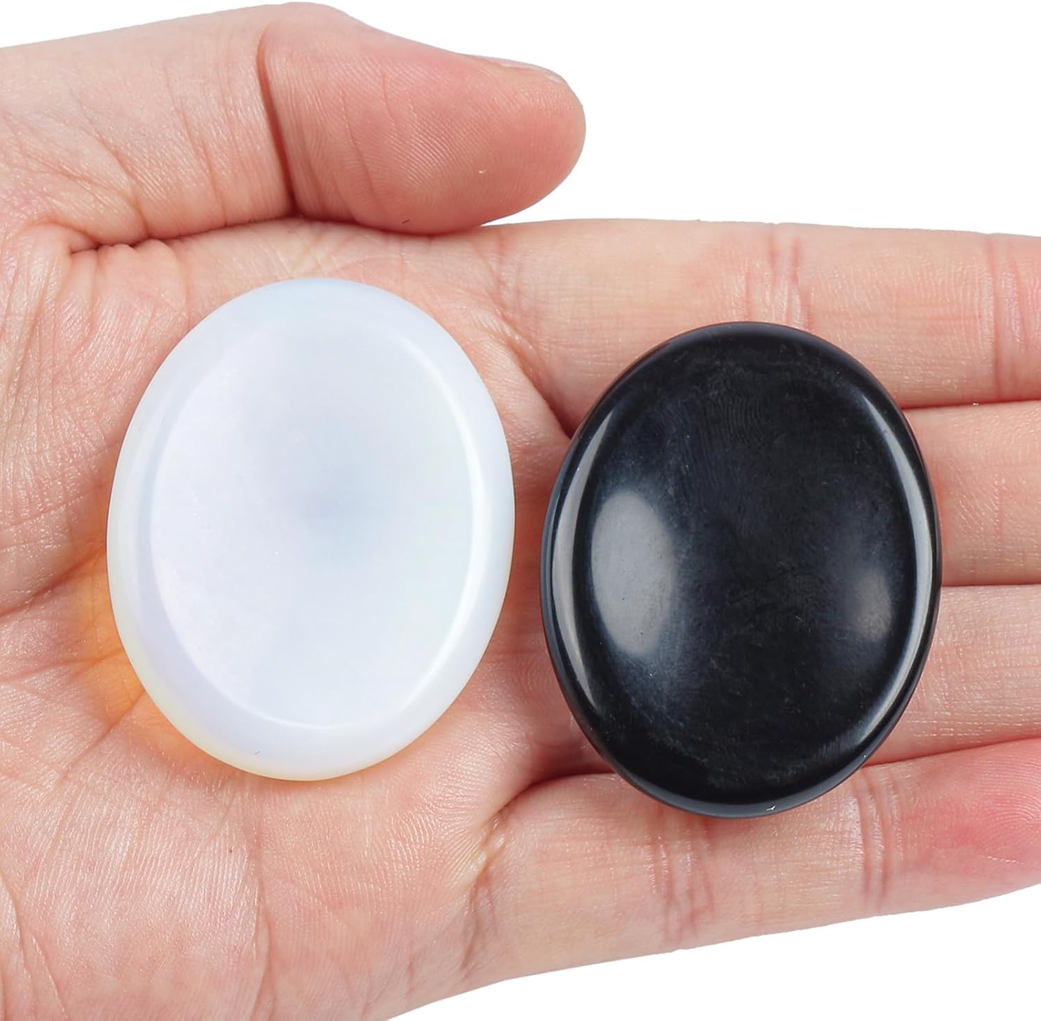 Healing Crystal Thumb Worry Stone Set of 2, Palm Pocket Stones for Meditation, Stress Relief Gemstone Gift for Women,Black Obsidian and Opalite(Synthetic)