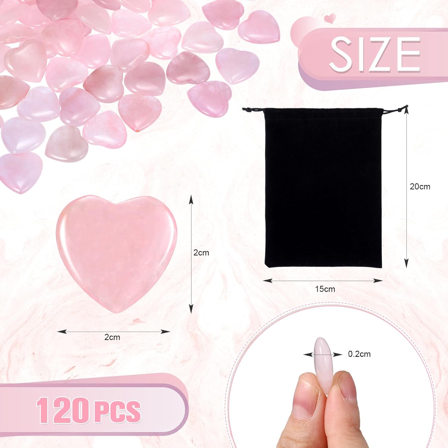 Ecation 120 Pcs Heart Quartz Bulk Crystals Stone Bulk Natural Polished Stone Heart Love Carved Healing Worry Crystal with Flannel Bag for Women Gifts(Rose Quartz) - Image 2