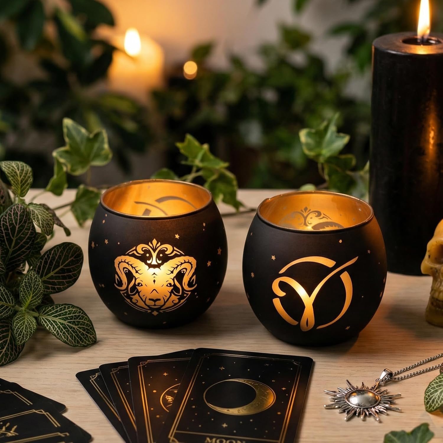 Aries Gifts for Women Men - Zodiac Candle Holder Set of 2, Laser Engraved Glass Tealight Candle Holder for Astrology Decor, Votive Candle Holder for Constellation Birthday Gifts, Black & Gold - Image 8