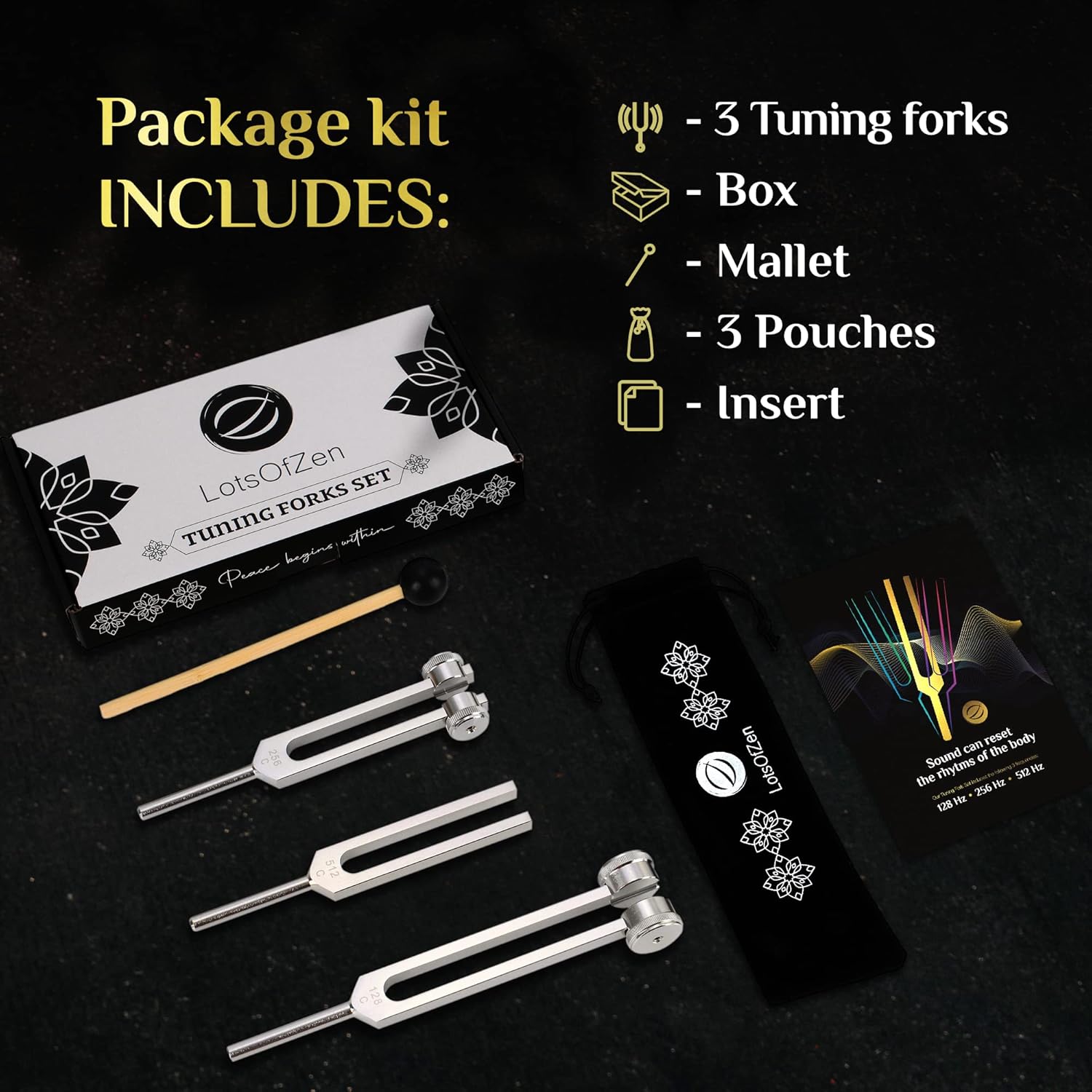 LOTS OF ZEN Tuning Fork for Healing Set (128Hz, 256Hz, 512Hz) | Sound Therapy, Chakra Balance & Grounding, Weighted & Unweighted, 80-Min Expert Video Course, Mallet & Velvet Pouches - Image 4