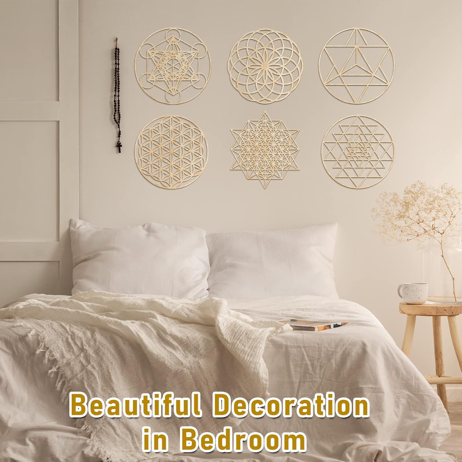 Taiyin 6 Pcs 12 Inch Wooden Sacred Geometry Wall Art Set, Zen Geometric Wall Decor for Home Meditation Room, Inspired Hanging Art with Metatron Cube, Flower of Life, Sri Yantra(Burlywood) - Image 5