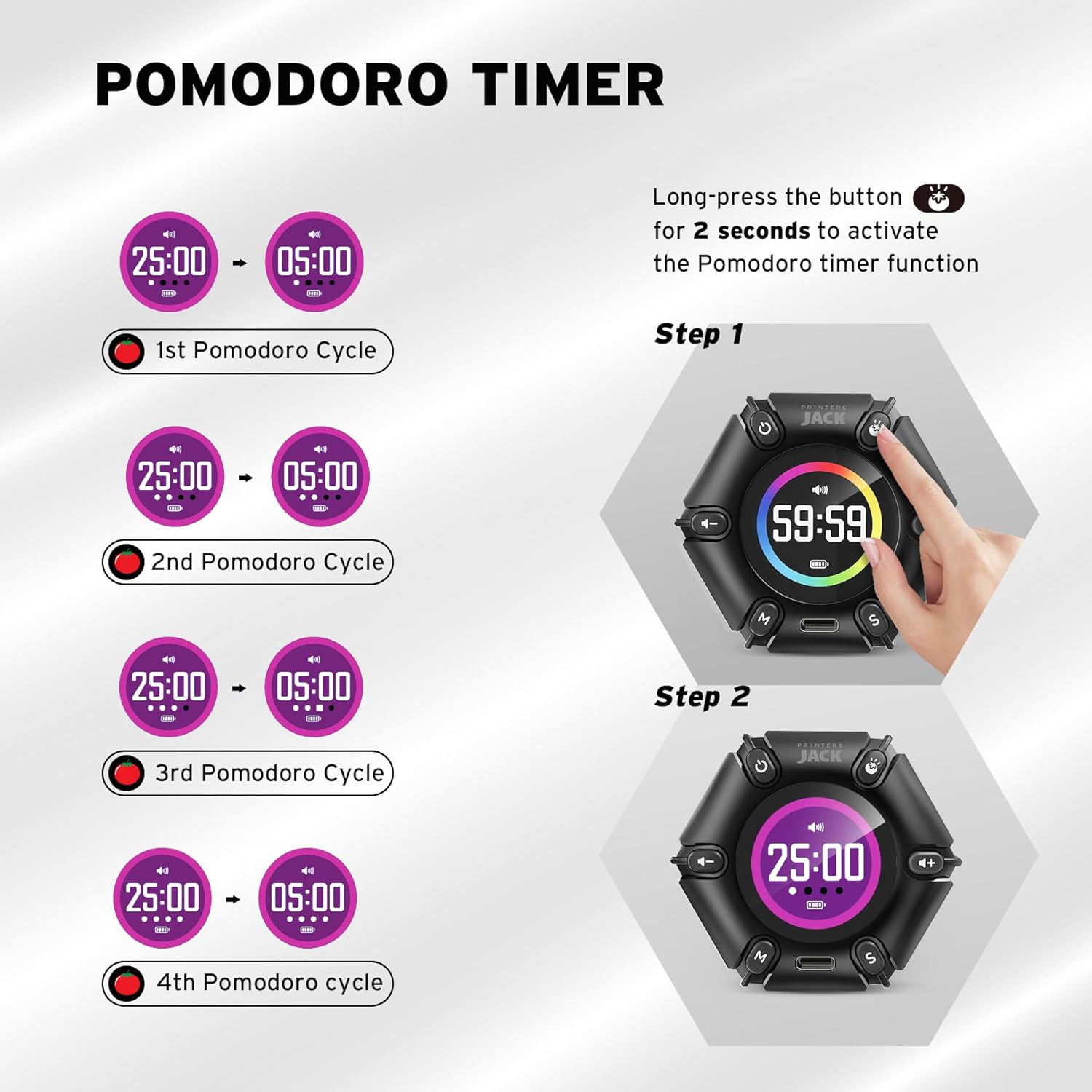 Jack Pomodoro Timer - Productivity Cube, Visual Focus Timer, Mute & Vibration & Adjustable Sound Alert, for Office, ADHD, Study, Work, 3/5/10/25/30/60min & Custom Countdown - Black - Image 4