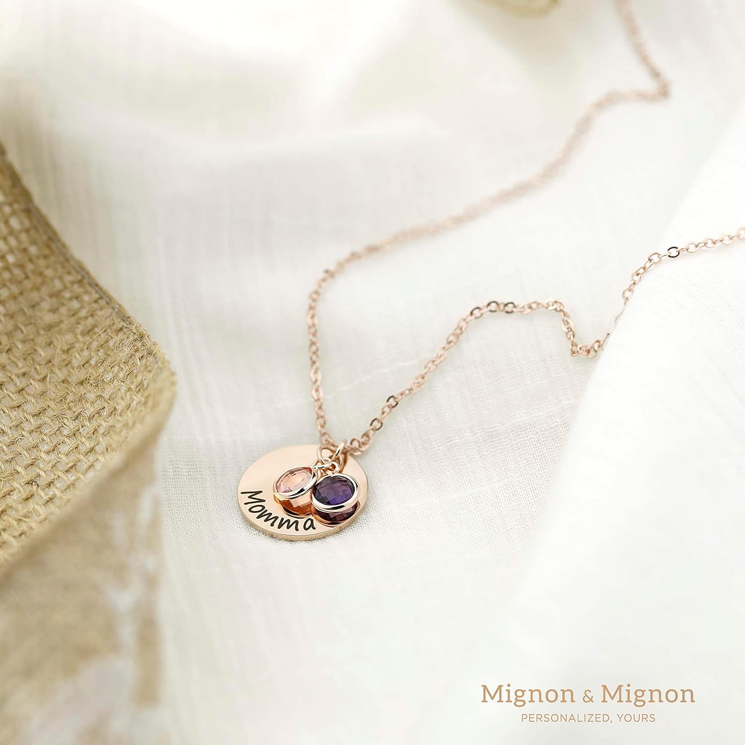 MignonandMignon Birthstone Disc Necklace Personalized Gift for Her Birthstone Amethyst Raw Stone Gift for Grandma - Image 3