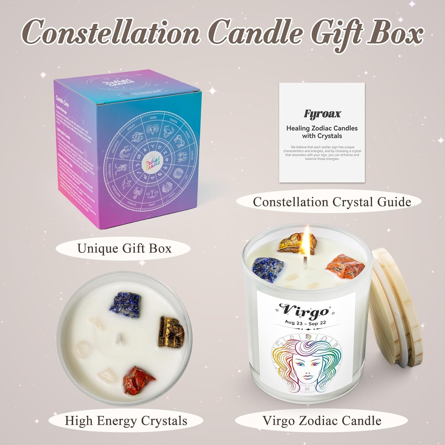 Virgo Gifts for Women, Zodiac Virgo Candle with Healing Crystals,Astrology Birthday Gifts for Women, Mom, Sister, Friends, Meditation, Yoga, Relaxation (7oz) - Image 2