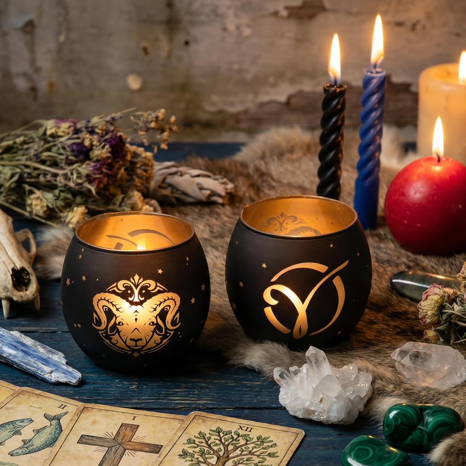 Aries Gifts for Women Men - Zodiac Candle Holder Set of 2, Laser Engraved Glass Tealight Candle Holder for Astrology Decor, Votive Candle Holder for Constellation Birthday Gifts, Black & Gold - Image 9
