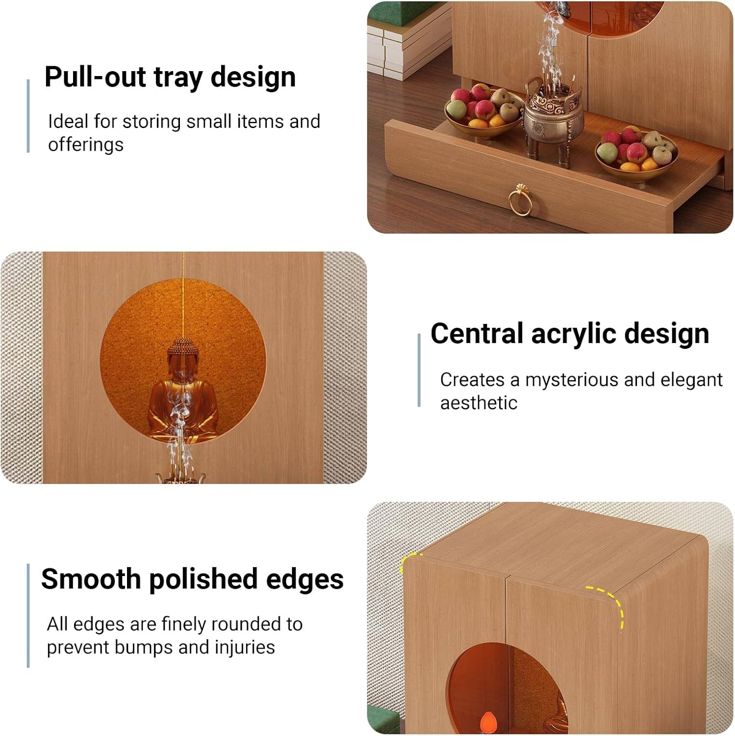 Modern Minimalist Buddhist Shrine Altar Table for Home, Wood Buddha Cabinet with Drawer & LED Light for Guanyin, God of Wealth(Light Walnut,Medium) - Image 5
