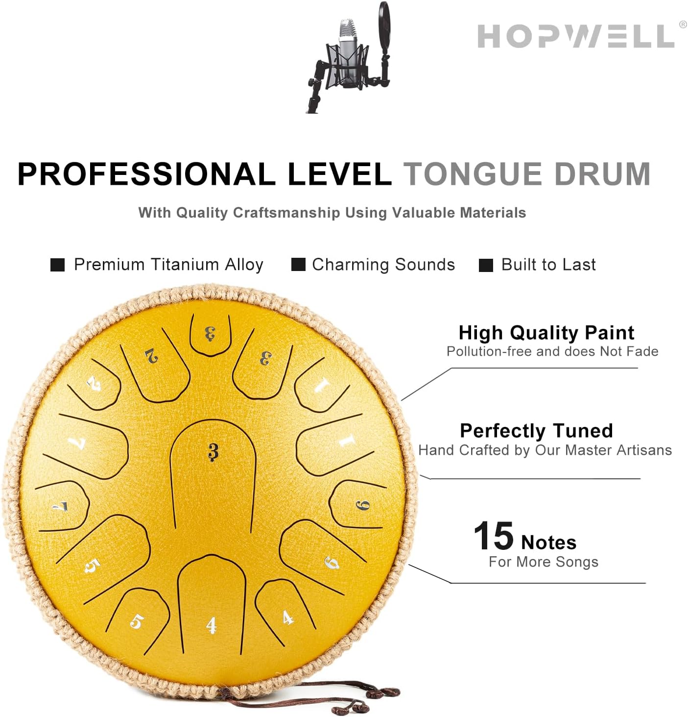 HOPWELL Steel Tongue Drum - 13 Inches 15 Notes Tongue Drum - Hand Pan Drum with Music Book, Drums Mallets and Carry Bag, D Major (Yellow) - Image 3