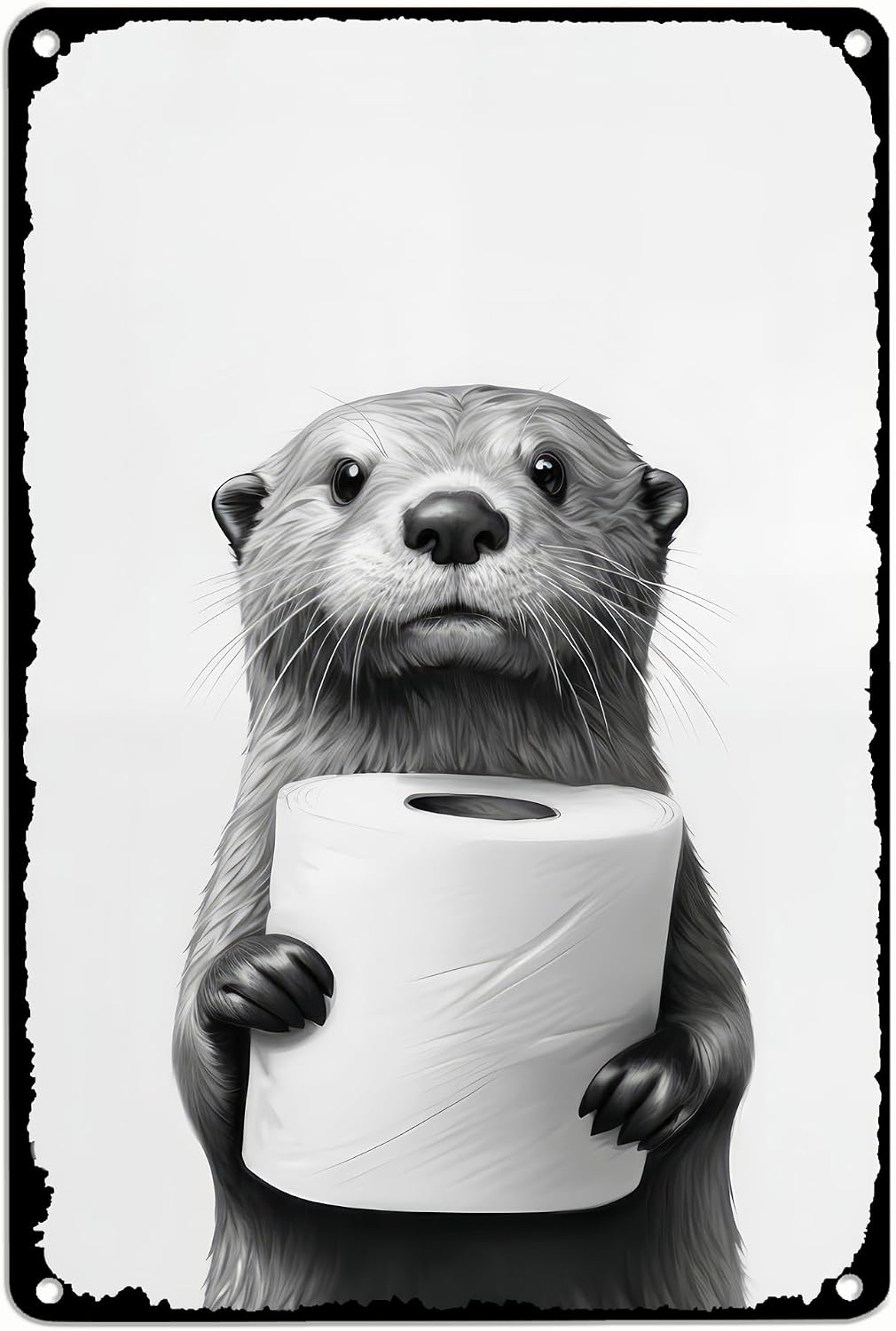 Funny Otter Holding Toilet Paper Metal Sign, 8x12 Inch Vintage Aluminum Wall Art, Black and White Animal Print Bathroom Decor, Rustic Tin Plaque for Home Restroom