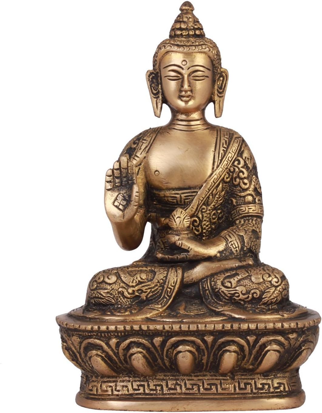 Blessing Buddha Idol (7 Inch Tall), Hand Crafted Lifestory Buddha Statue, Fine Carving, Antique Brass Sculpture, Vintage Decorative, Valuable Collection, Rustic Finish