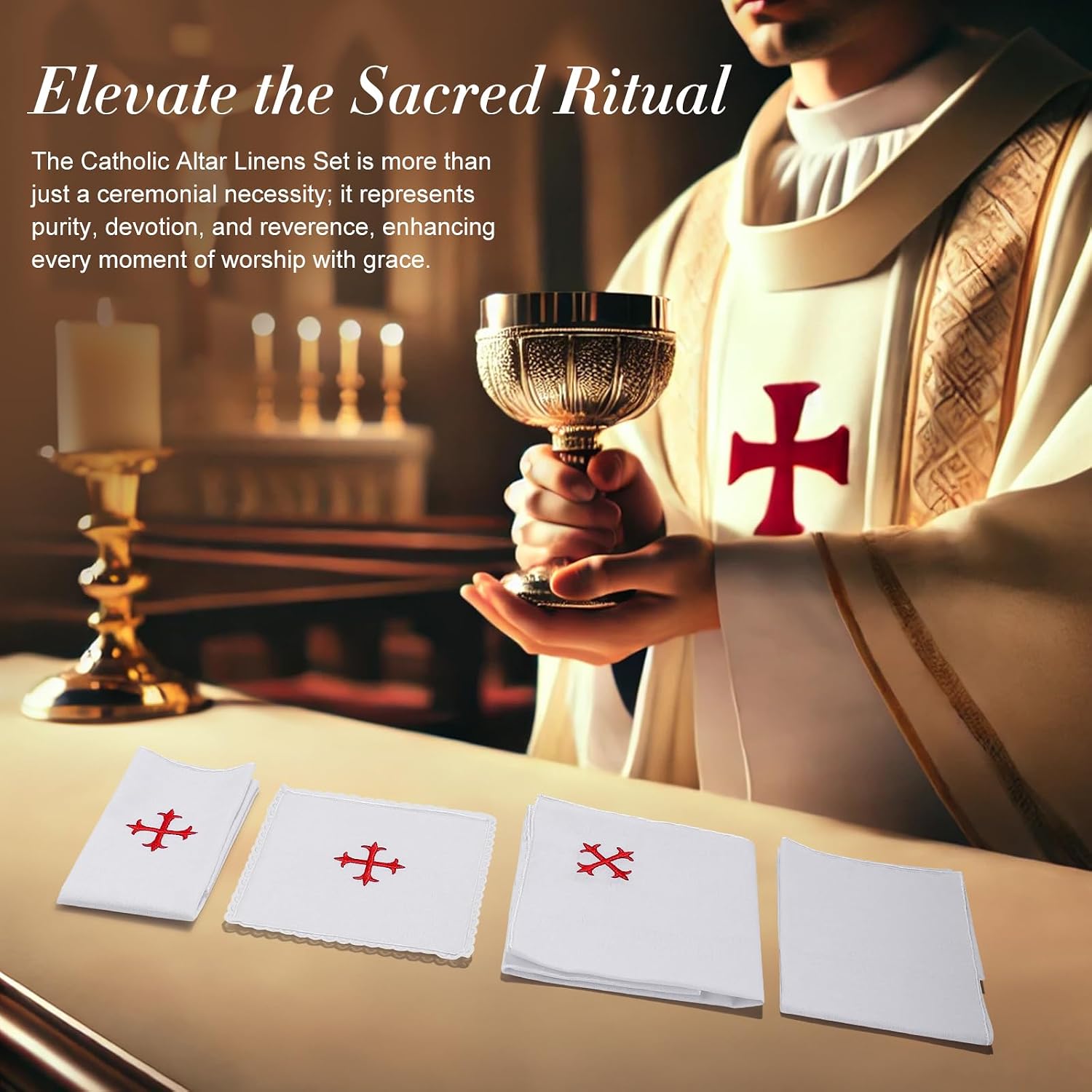 4 Pack Altar Supplies Linen Corporal for Churches Set(Pall,Corporal,Purificator,Towel),White Linen Altar Cloth Red Cross Embroidery,Mass Kit Catholic for Priest - Image 6