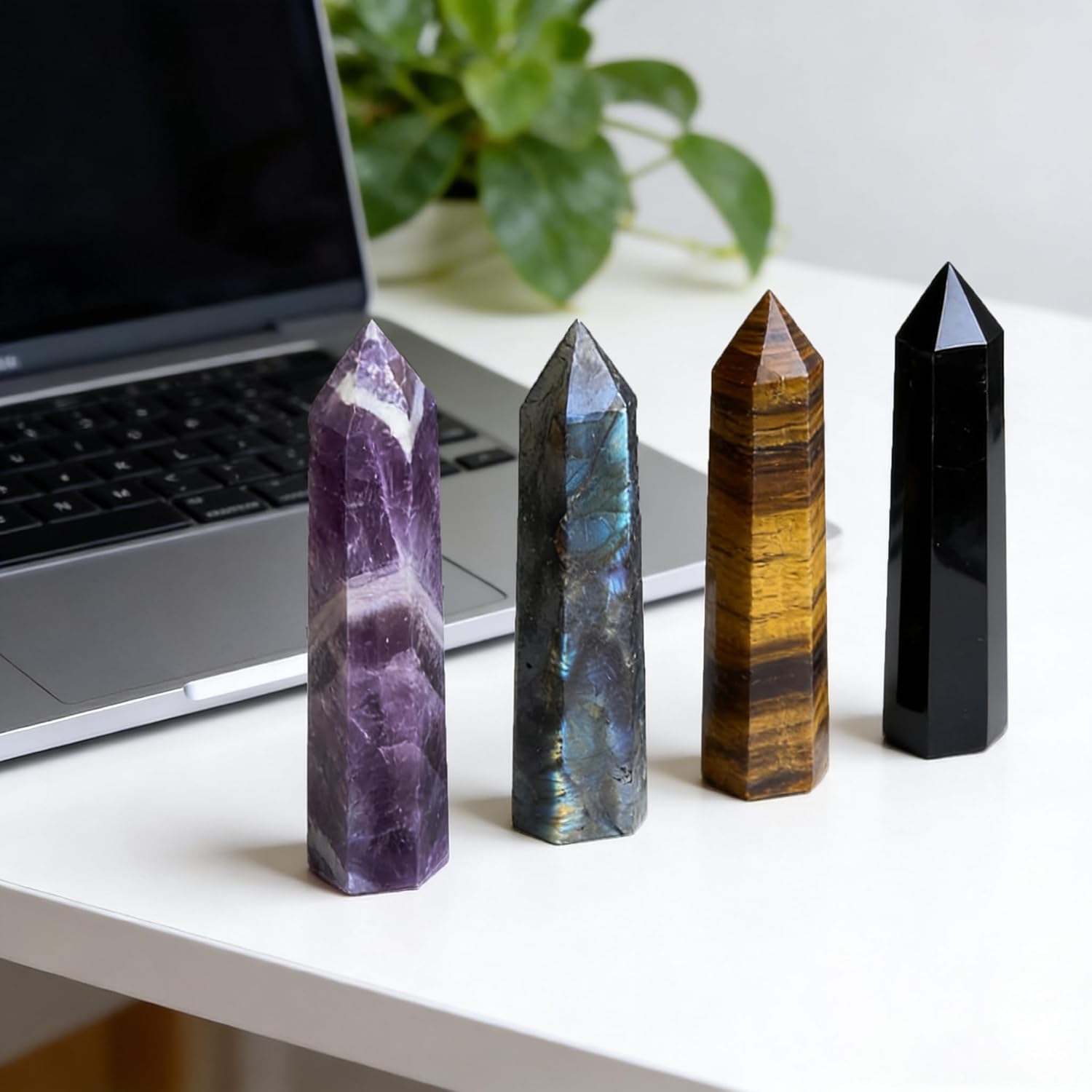 4Pcs 5.9 Inch Natural Crystal Obelisk Tower Set, Polished Hexagonal Point Wand, Obsidian Labradorite Amethyst Tiger's Eye Stone, Reiki Healing Crystal Obelisk Statue, Home Desktop Decor Spiritual Gift - Image 6