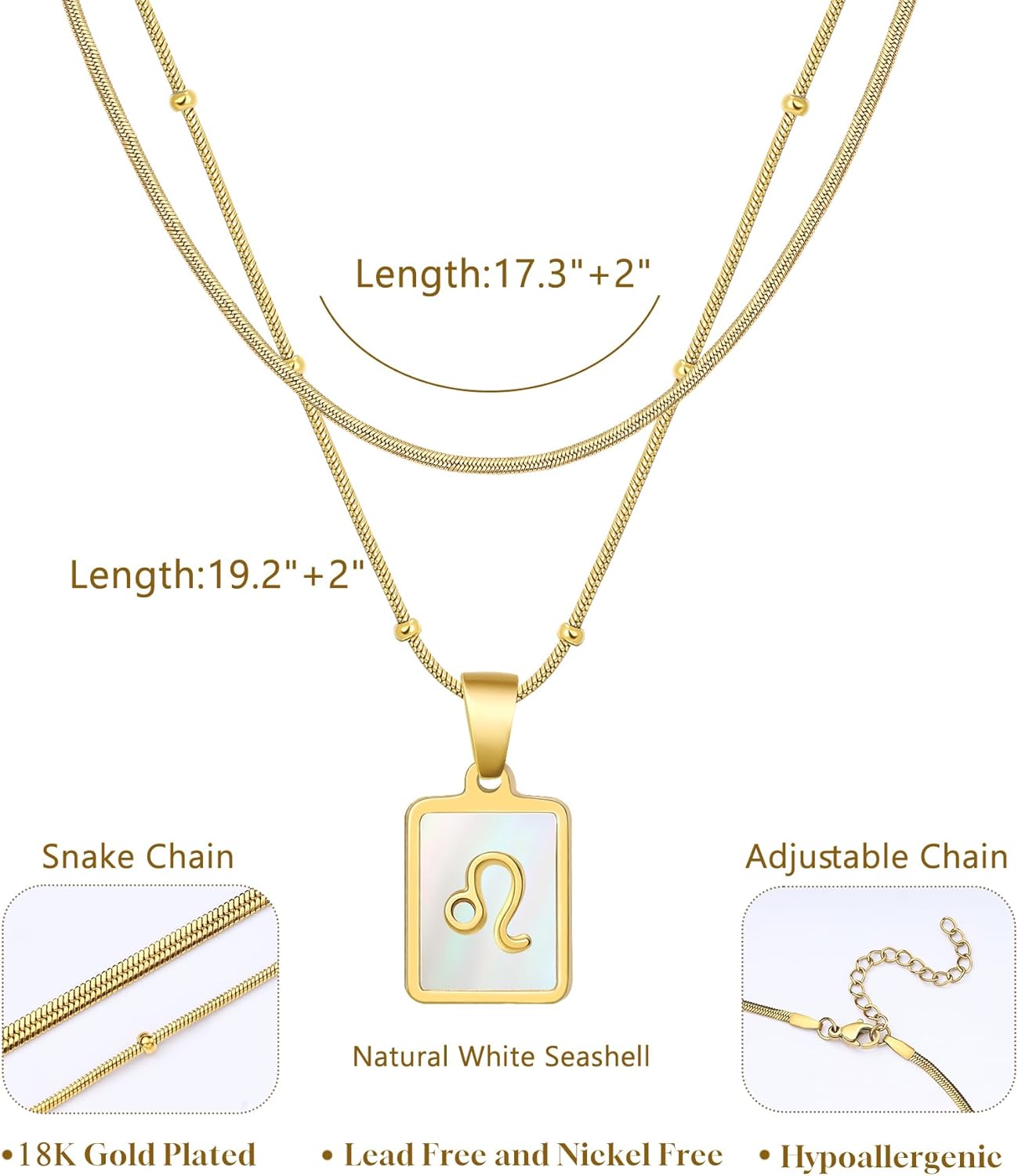 LETFLY Zodiac Natural Shell Layered Gold Necklace for Women, Gold Plated Square Shaped Pendant with Adjustable Layered Snake Chain Birthday Jewelry Gifts for Womens - Image 4