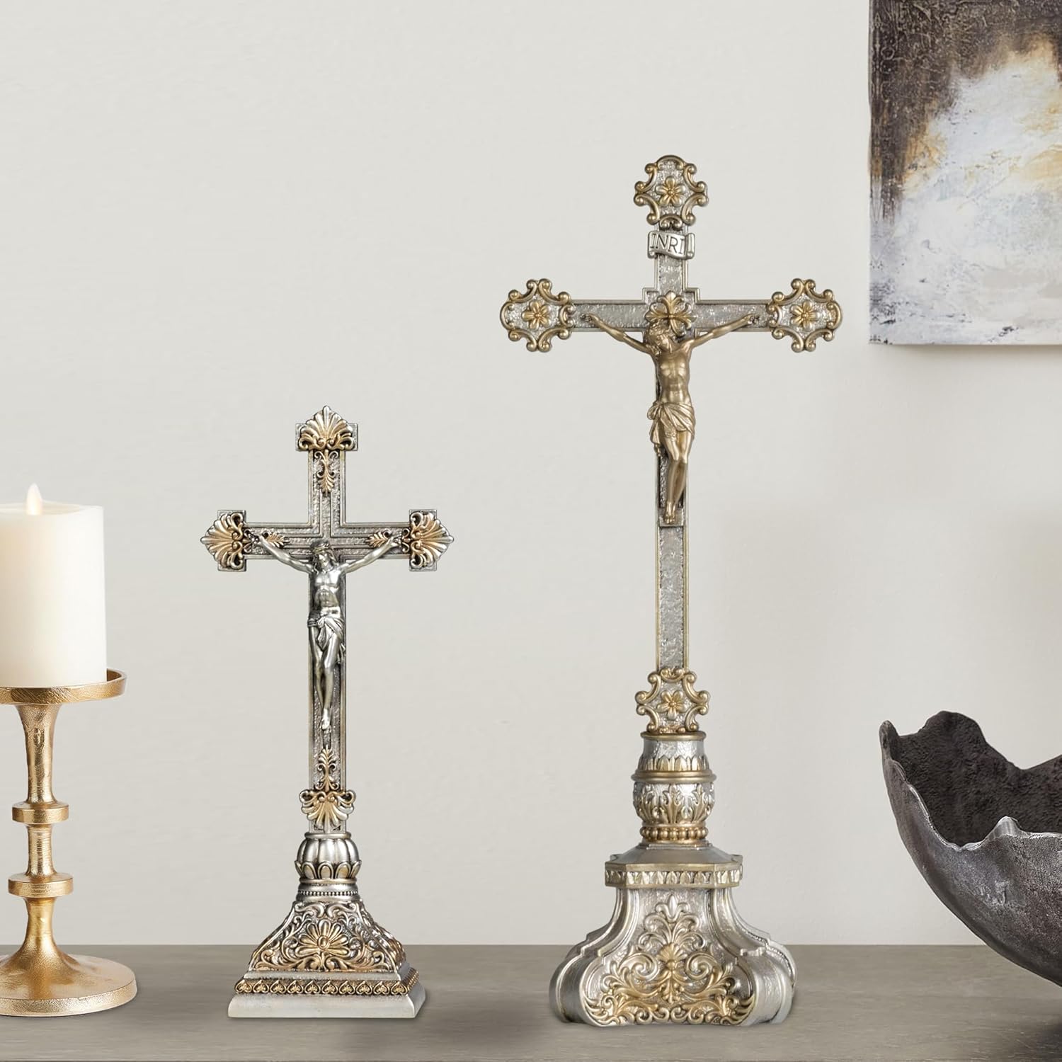 Grace4Joy Crucifix Stand, 18 Inches Standing Crucifix Catholic Table Altar Decor, Hand Painted Jesus Cross with Ornate Base Antique Home Deocr - Image 6